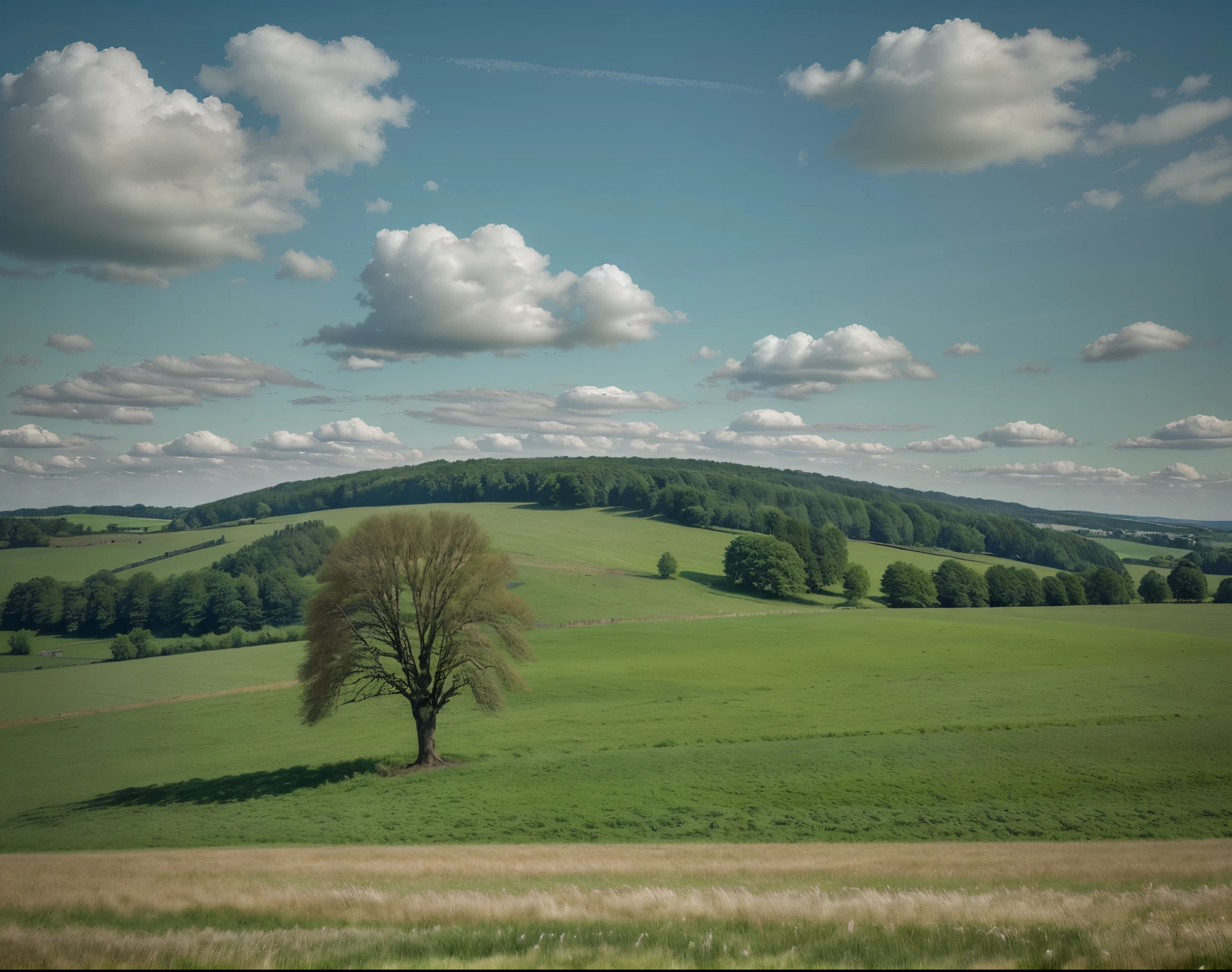 tree, grass, landscape, sky, nature, green, field, meadow, summer, blue, hill, spring, countryside, environment, rural, clouds, plant, country, horizon, trees, lonely, season, cloud, single, oak