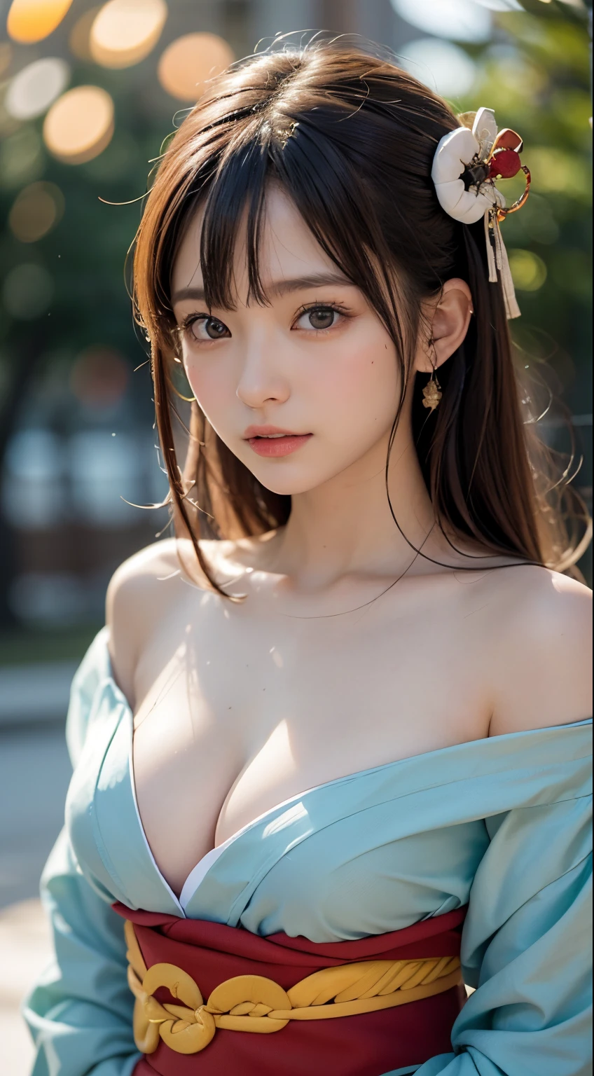 (masutepiece, Best Quality:1.4), Beautiful face, 8K, 85 mm, absurderes, (japanese kimono:1.4), The upper part of the body, cleavage of the breast、Facing the camera、 violaceaess, gardeniass, Delicate girl, Solo, knight, Looking at Viewer, Upper body, Film grain, chromatic abberation, Sharp Focus, face lights, Professional Lighting, Sophisticated, (Smile:0.4), cleavage, (Simple background, Bokeh background:1.2), Detail Face、Snow piled up、snowscape