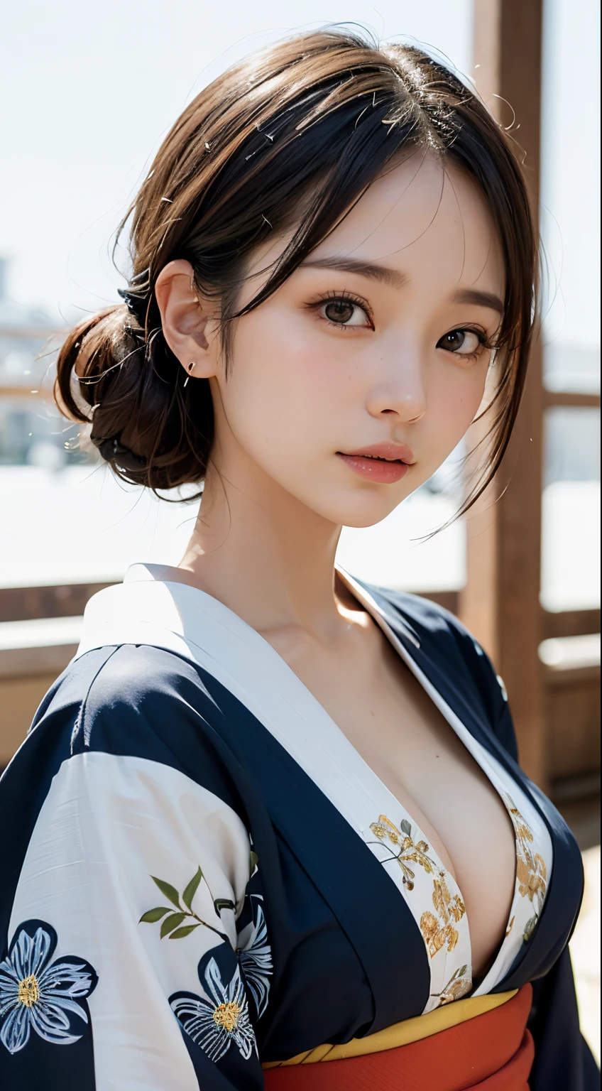 (masutepiece, Best Quality:1.4), Beautiful face, 8K, 85 mm, absurderes, (japanese kimono:1.4), The upper part of the body, cleavage of the breast、Facing the camera、 violaceaess, gardeniass, Delicate girl, Solo, knight, Looking at Viewer, Upper body, Film grain, chromatic abberation, Sharp Focus, face lights, Professional Lighting, Sophisticated, (Smile:0.4), cleavage, (Simple background, Bokeh background:1.2), Detail Face、Snow piled up、snowscape