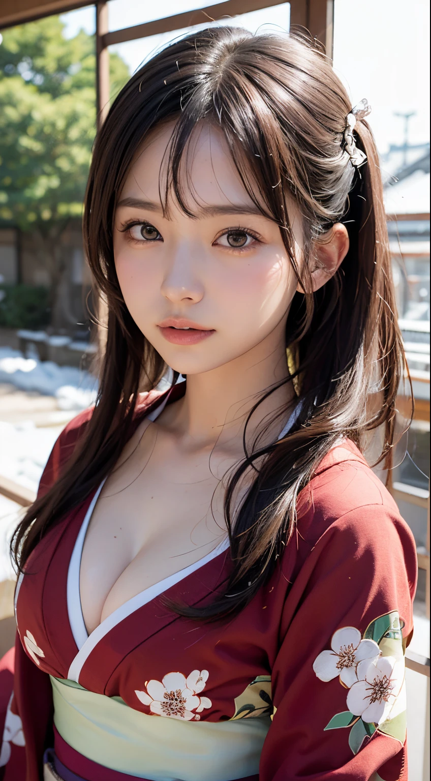 (masutepiece, Best Quality:1.4), Beautiful face, 8K, 85 mm, absurderes, (japanese kimono:1.4), The upper part of the body, cleavage of the breast、Facing the camera、 violaceaess, gardeniass, Delicate girl, Solo, knight, Looking at Viewer, Upper body, Film grain, chromatic abberation, Sharp Focus, face lights, Professional Lighting, Sophisticated, (Smile:0.4), cleavage, (Simple background, Bokeh background:1.2), Detail Face、Snow piled up、snowscape