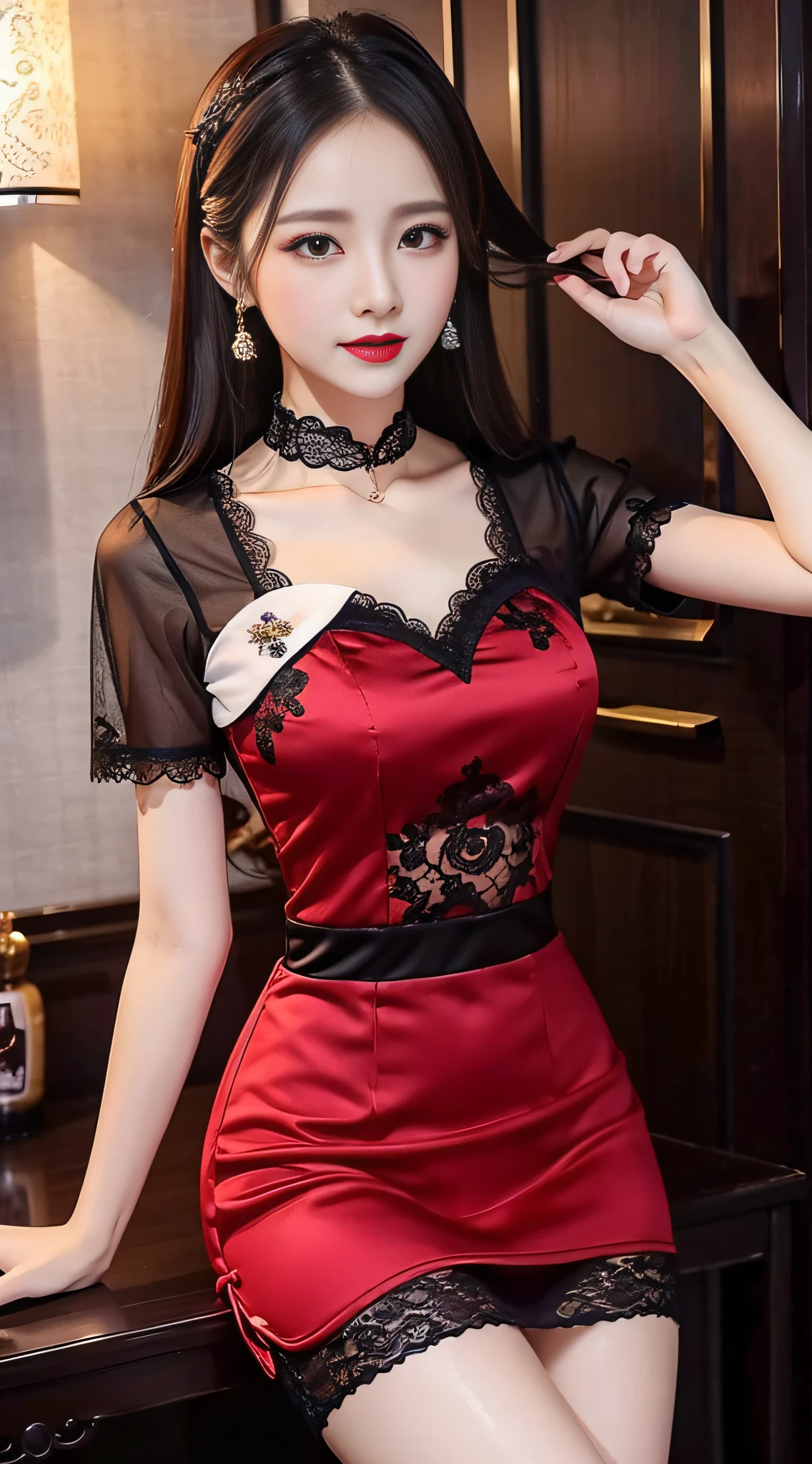 (A hyper-realistic), (illustratio), (hight resolution), (8K), (ighly detailed), (The best illustrations), (beatiful detailed eyes), (top-quality), (ultra-detailliert), (masterpiece), (detailed face), droopy eyes,full of sweat, full body, short hair,inner colored,solo,Girl in red dress, huge tits, smile, high heel,