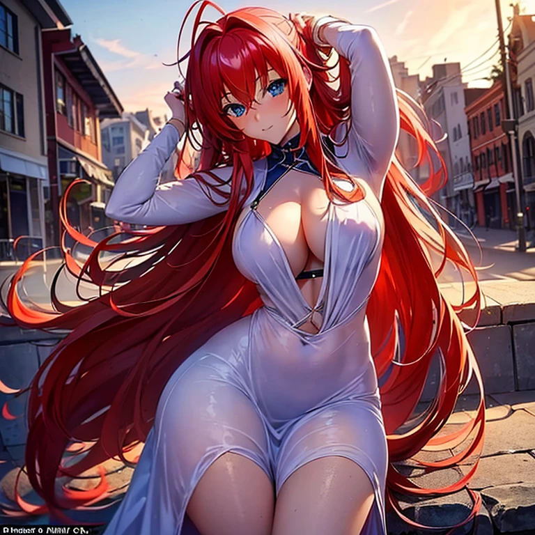 masterpiece, best quality, 1girl, long hair, looking at viewer, :3, cute, outdoors, streets, cowboy shot, large breasts, curvy, (((blue eyes))),  rias gremory, red hair, antenna hair,  wavy hair, ((beautiful detailed eyes, beautiful detailed glow, lots of glow)),