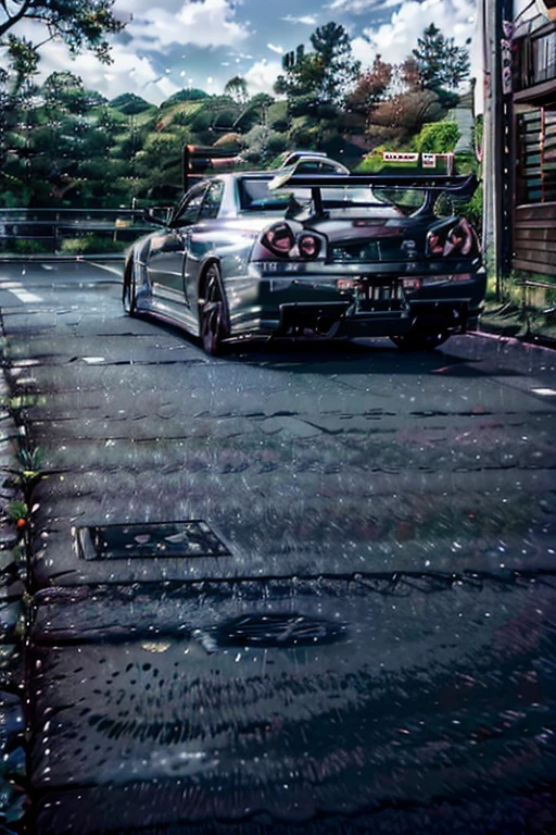 a nissan gtr driving on the road, nissan gtr r34, car color black, auntum season, leaves falls