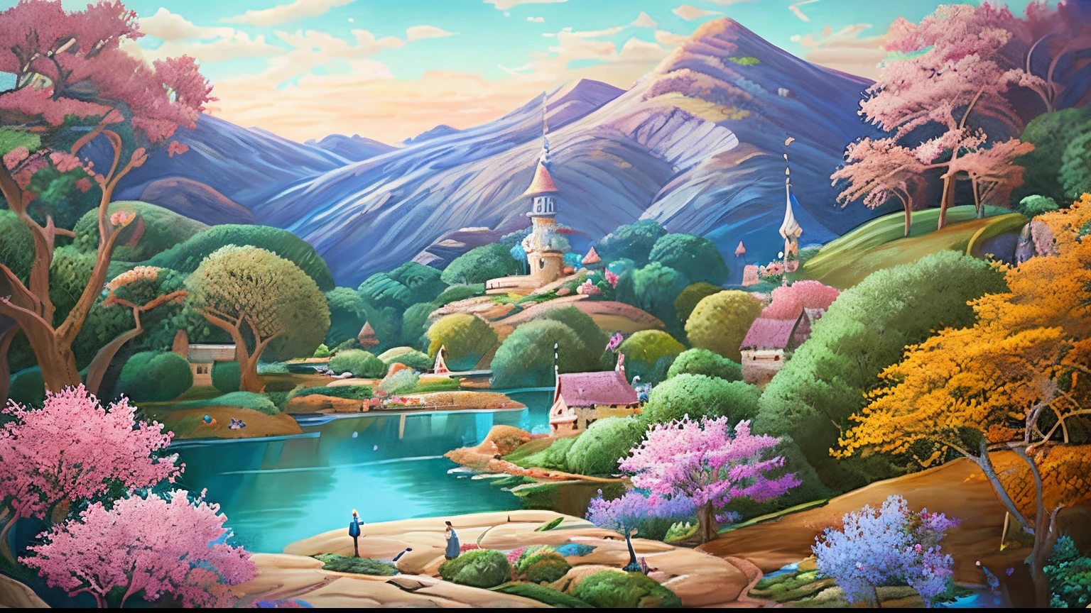 A beautiful landscape painting，There is a stream and a butterfly, Whimsical fantasy landscape art, cherry blossom forest, magical scenery, Made of trees and fantasy valley, mythical floral hills, Mysterious fantasy landscape, an beautiful，art illustration, Fantasy landscape painting, painting of a dreamscape, fantasy artrealistic painting, Magical fairy tale background, Surreal dreamy landscape