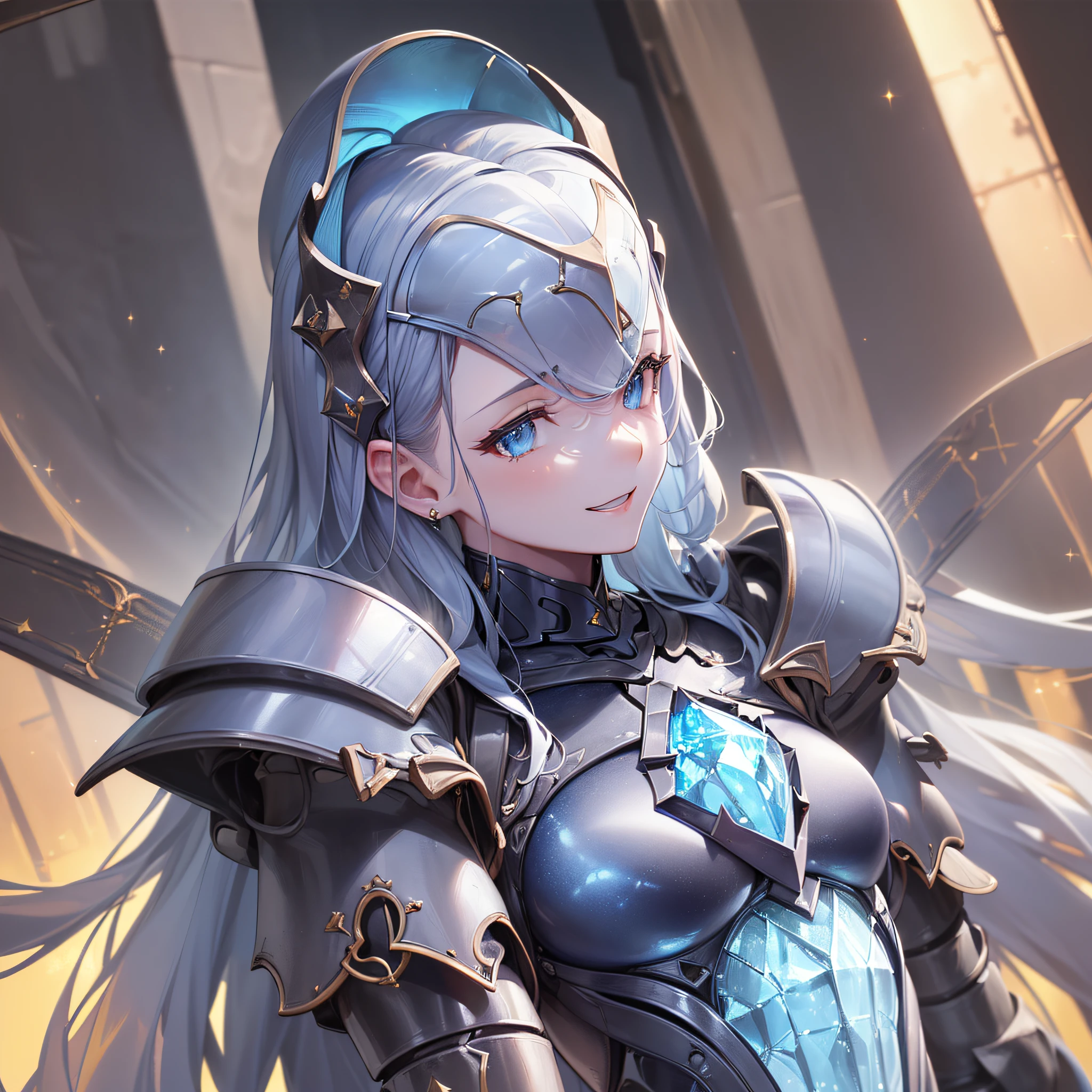 ((masuter piece:1.5)),((Finest quality)),(super precision),8k picture,Top quality anime,Highest level of resolution,sharpnes,Clair,((perfect anatomia:)),(Perfect depiction, Unbroken body:1.5),Detailed down to the smallest detail,Phenomenal depiction,((1人の女性),(Light blue night armor,Detailed and detailed details,Sparkling Jewels),a smile,