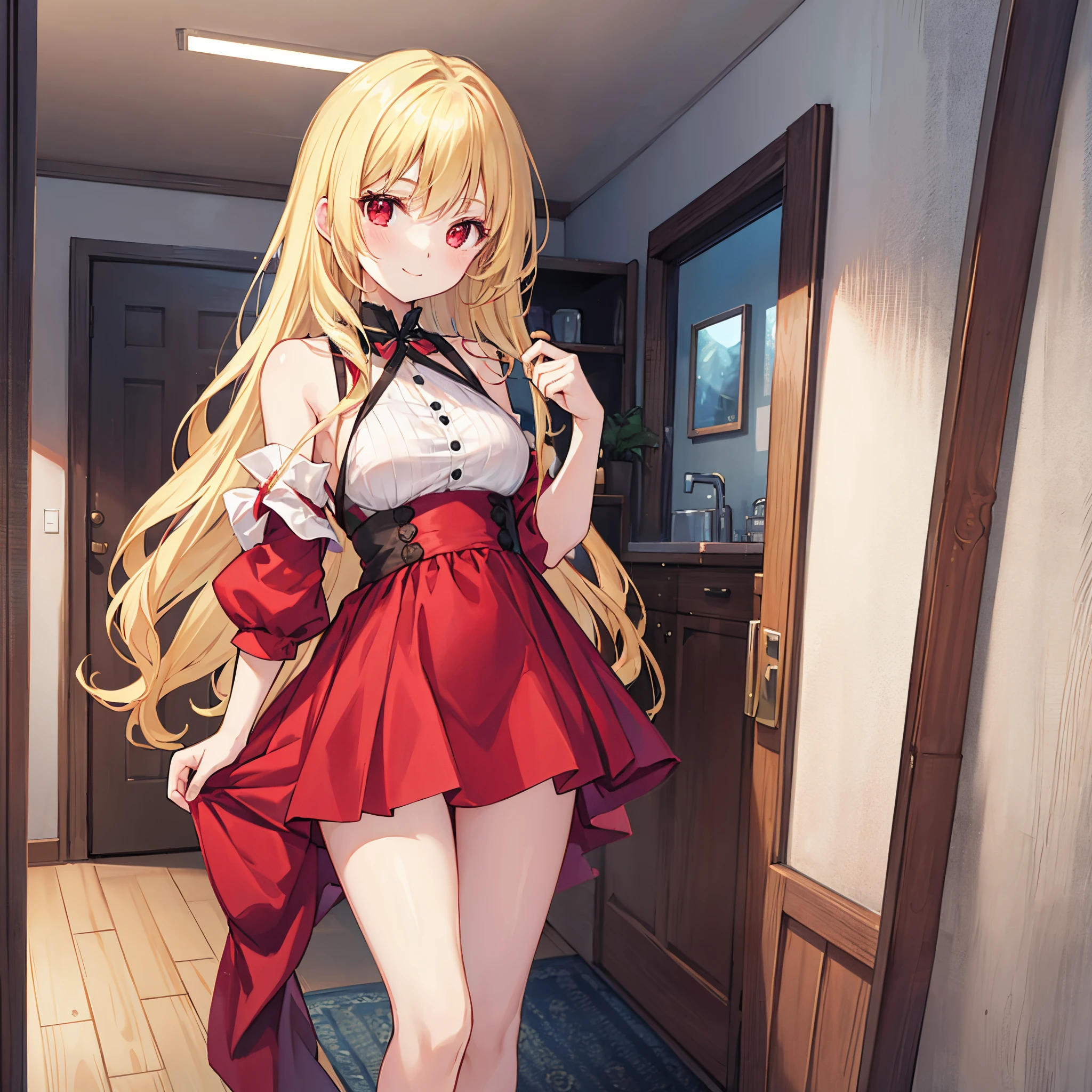Wavy blonde、one beautiful girl with red eyes、独奏、Red dress、off shoulders、a miniskirt、A smile、inside in room