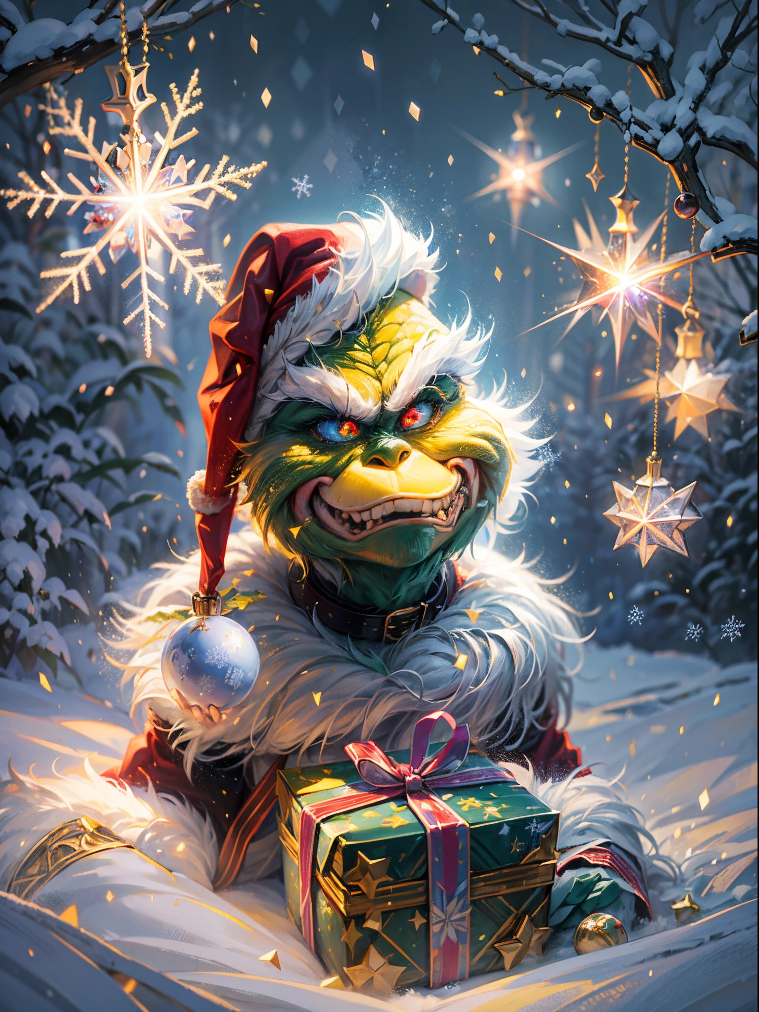 (best quality,4k,highres,masterpiece:1.2),ultra-detailed,(realistic,photorealistic,photo-realistic:1.37),green skinned grinch character wearing Santa Claus outfit,playing the iconic role of Santa Claus,grinch's mischievous eyes and smirk,enchanted and mesmerizing magical energy ball in grinch's hands,floating and sparkling energy particles in the air,evoking the festive spirit of Christmas,ornamented Christmas tree covered in twinkling lights and colorful decorations,shimmering presents under the tree,cozy fireplace with crackling flames and stockings hanging from the mantle,magical snowflakes gently falling from the sky,illuminating winter scenery with a touch of wonder and mystery,frosty breath visible in the cold air,enchanting starry night sky filled with constellations,snow-covered ground creating a winter wonderland ambiance,soft and warm glow emitting from surrounding lights,celestial harmony between the grinch and the magical energy ball,bringing joy and excitement to the Christmas season.