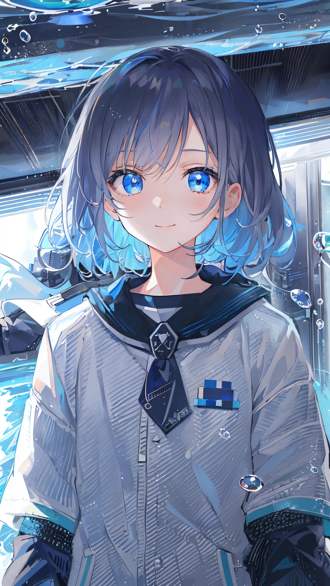 ((top-quality)), ((​masterpiece)), ((ultra-detailliert)), (Extremely delicate and beautiful), girl with, 独奏, cold attitude,((Black jacket)),She is very(relax)with  the(Settled down)Looks,depth of fields,Evil smile,Bubble, under the water, Air bubble,Underwater world bright light blue eyes,inner color with bright gray hair and light blue tips,,,,Cold background,Bob Hair - Linear Art, shortpants、knee high socks、White uniform like school uniform、Light blue ribbon ties、Clothes are sheer、Hands in pockets、Bright eyes like sapphire,Fronllesse Blue, A small blue light was floating、fantastic eyes