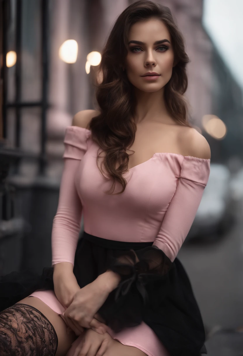 ((Realistic lighting, Best quality, 8K, Masterpiece: 1.3)), Clear focus: 1.2, 1girl, Perfect naked body beauty: 1.4, Slim abs: 1.1, ((dark brown hair)), (Pink dress: 1.4), (Outdoor, night: 1.1), industrial Street, Super Fine Face, Fine Eyes, Double Eyelids, (Over the knee black stockings: 1.5), street lamp