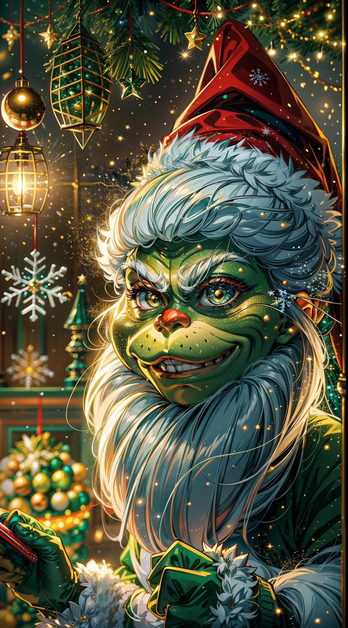 (best quality,4k,highres,masterpiece:1.2),ultra-detailed,(realistic,photorealistic,photo-realistic:1.37),green skinned grinch character wearing Santa Claus outfit,playing the iconic role of Santa Claus,grinch's mischievous eyes and smirk,enchanted and mesmerizing magical energy ball in grinch's hands,floating and sparkling energy particles in the air,evoking the festive spirit of Christmas,ornamented Christmas tree covered in twinkling lights and colorful decorations,shimmering presents under the tree,cozy fireplace with crackling flames and stockings hanging from the mantle,magical snowflakes gently falling from the sky,illuminating winter scenery with a touch of wonder and mystery,frosty breath visible in the cold air,enchanting starry night sky filled with constellations,snow-covered ground creating a winter wonderland ambiance,soft and warm glow emitting from surrounding lights,celestial harmony between the grinch and the magical energy ball,bringing joy and excitement to the Christmas season.