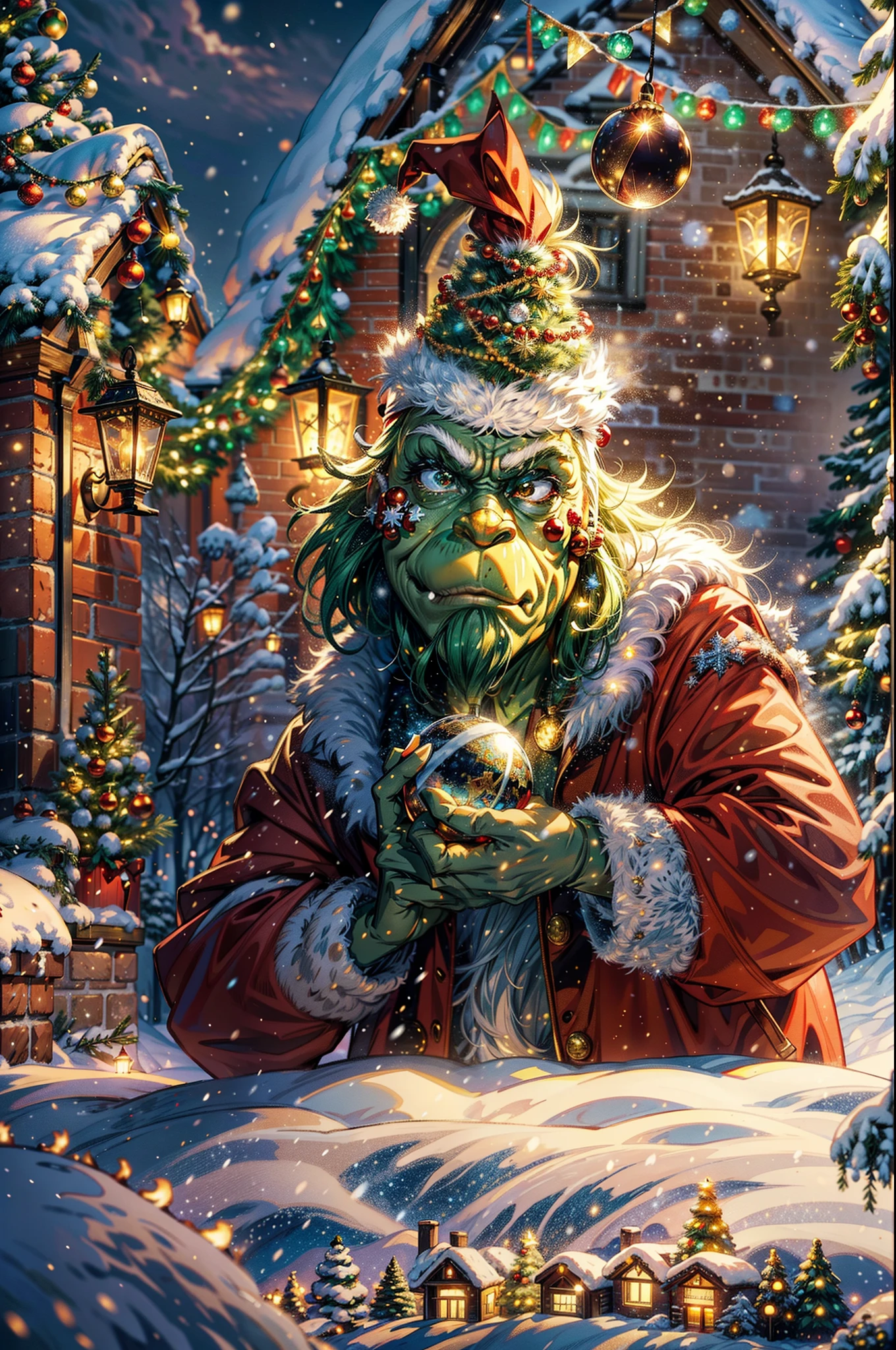 best quality,4k,highres,masterpiece:1.2),ultra-detailed,(realistic,photorealistic,photo-realistic:1.37),green skinned grinch character wearing Santa Claus outfit,playing the iconic role of Santa Claus,grinch's mischievous eyes and smirk,enchanted and mesmerizing magical energy ball in grinch's hands,floating and sparkling energy particles in the air,evoking the festive spirit of Christmas,ornamented Christmas tree covered in twinkling lights and colorful decorations,shimmering presents under the tree,cozy fireplace with crackling flames and stockings hanging from the mantle,magical snowflakes gently falling from the sky,illuminating winter scenery with a touch of wonder and mystery,frosty breath visible in the cold air,enchanting starry night sky filled with constellations,snow-covered ground creating a winter wonderland ambiance,soft and warm glow emitting from surrounding lights,celestial harmony between the grinch and the magical energy ball,bringing joy and excitement to the Christmas season.