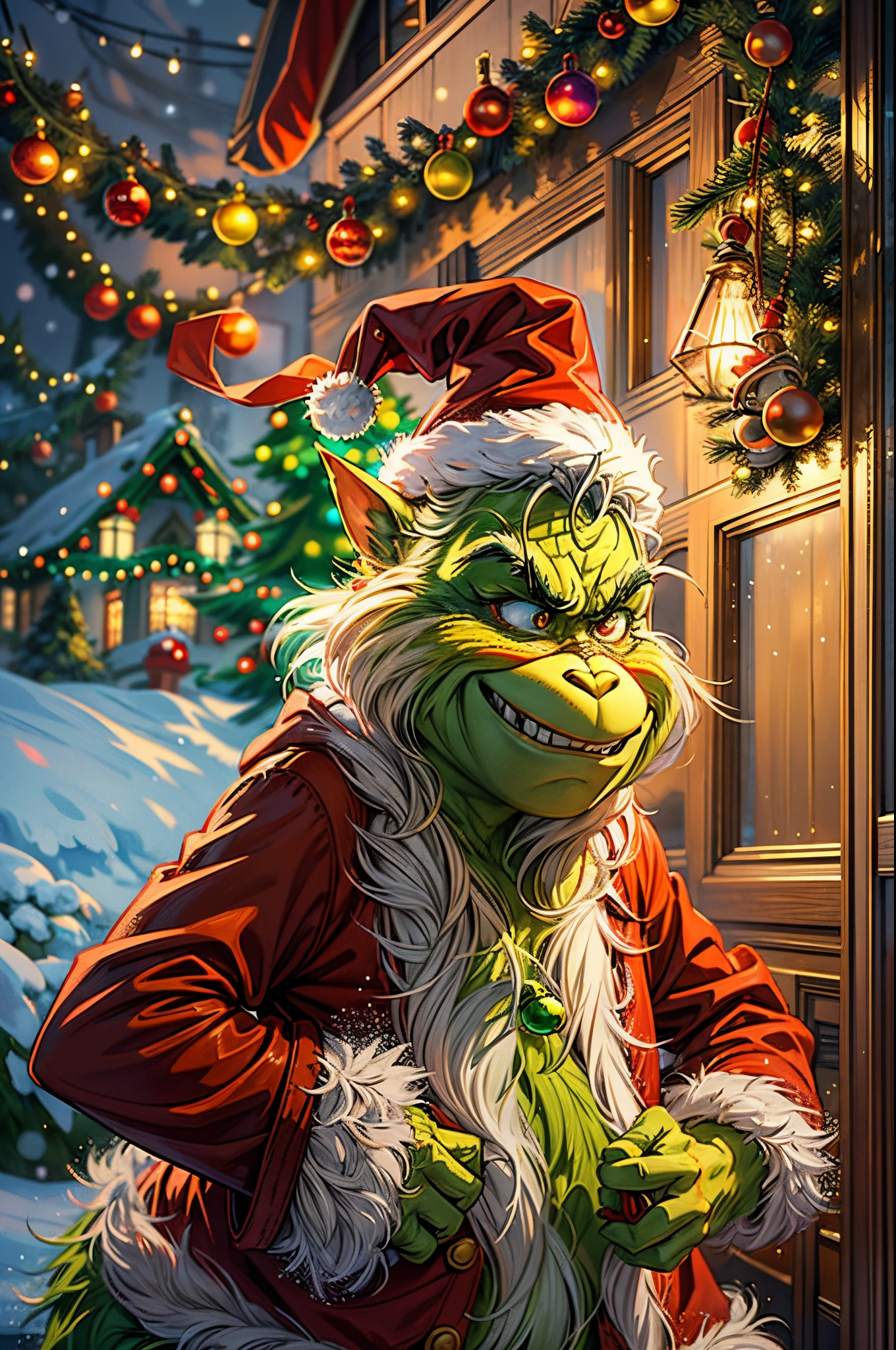 (best quality,4k,highres,masterpiece:1.2),ultra-detailed,(realistic,photorealistic,photo-realistic:1.37),green skinned grinch character wearing Santa Claus outfit,playing the iconic role of Santa Claus,grinch's mischievous eyes and smirk,enchanted and mesmerizing magical energy ball in grinch's hands,floating and sparkling energy particles in the air,evoking the festive spirit of Christmas,ornamented Christmas tree covered in twinkling lights and colorful decorations,shimmering presents under the tree,cozy fireplace with crackling flames and stockings hanging from the mantle,magical snowflakes gently falling from the sky,illuminating winter scenery with a touch of wonder and mystery,frosty breath visible in the cold air,enchanting starry night sky filled with constellations,snow-covered ground creating a winter wonderland ambiance,soft and warm glow emitting from surrounding lights,celestial harmony between the grinch and the magical energy ball,bringing joy and excitement to the Christmas season.