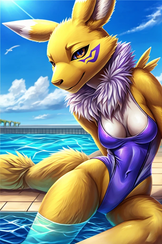 Renamon sozinha (Digimon Tamers) wearing a sensual and provocative swimsuit in the pool, corpo bem definido, seios volumosos, olhar sedutor e emcantador, na piscina durante um dia de Sol