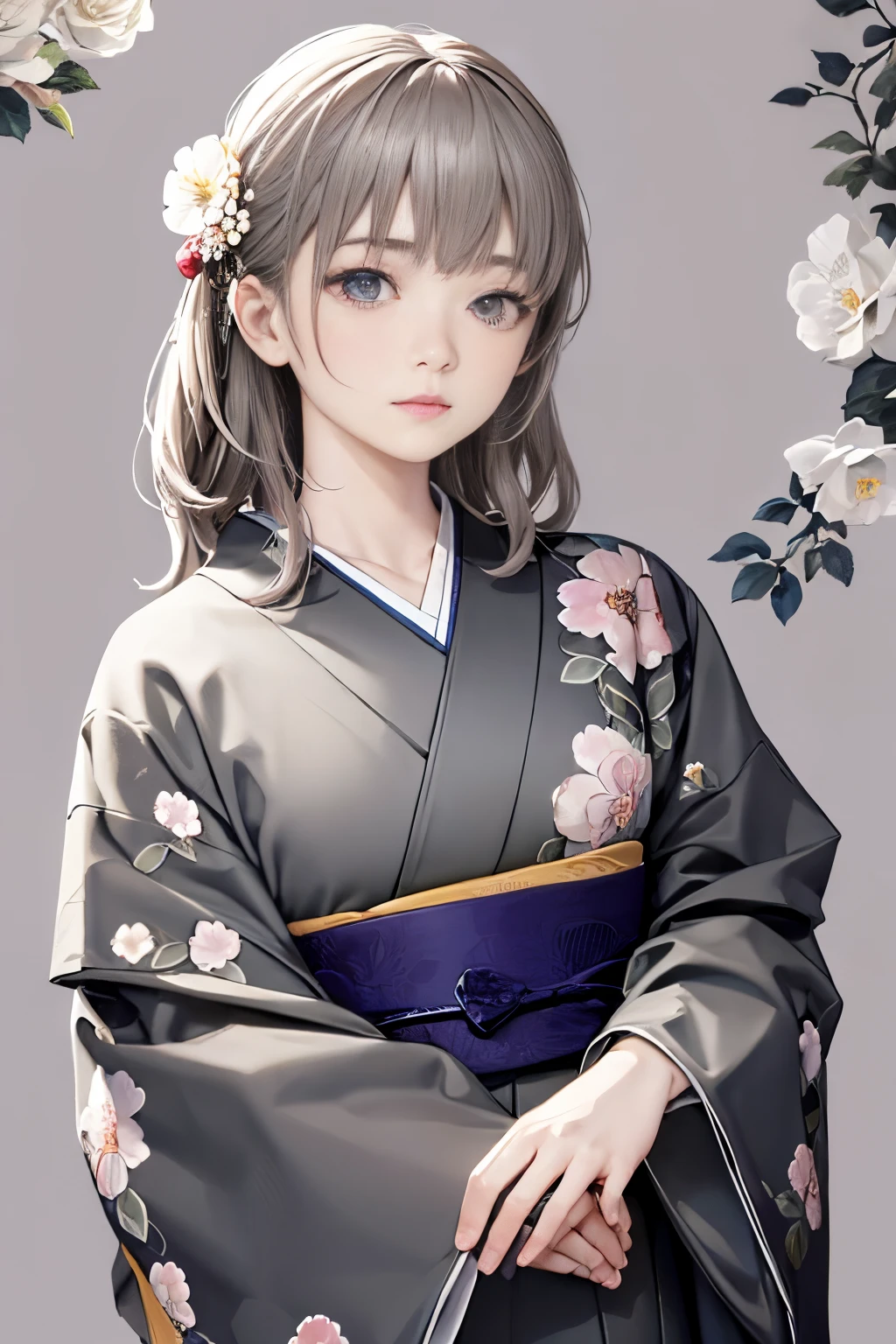 (((gray floral background:1.3)))、Best Quality, masutepiece, High resolution, (((1girl in))), ,(((Eyes are gray:1.3)))、Gray kimono、((beautiful gray kimono)), Tindall Effect, Realistic, Shadow Studio,Ultramarine Lighting, dual-tone lighting, (High Detail Skins: 1.2)、Pale colored lighting、Dark lighting、 Digital SLR, Photo, High resolution, 4K, 8K, Background blur,Fade out beautifully、gray flower world