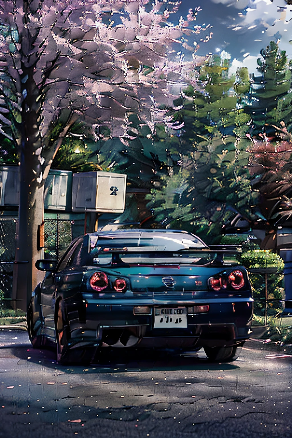 a nissan gtr driving on the road, nissan gtr r34, car color black, auntum season, leaves falls