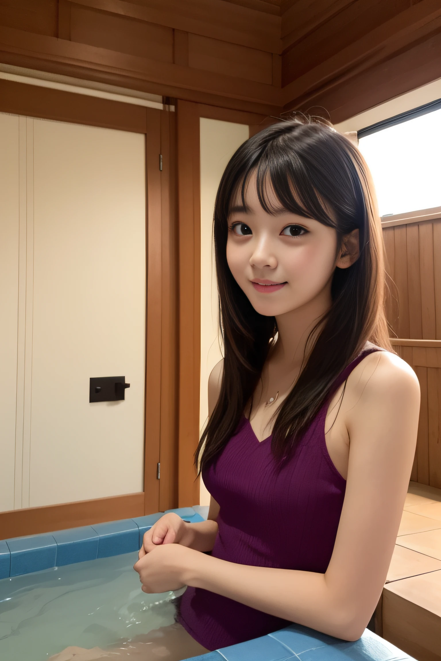 ryokan、Large public bath、(tiny chest)、(small tits)、Young shiny shiny white shiny skin、Best Looks、shiny light hair、a small face、cute 18yo girl