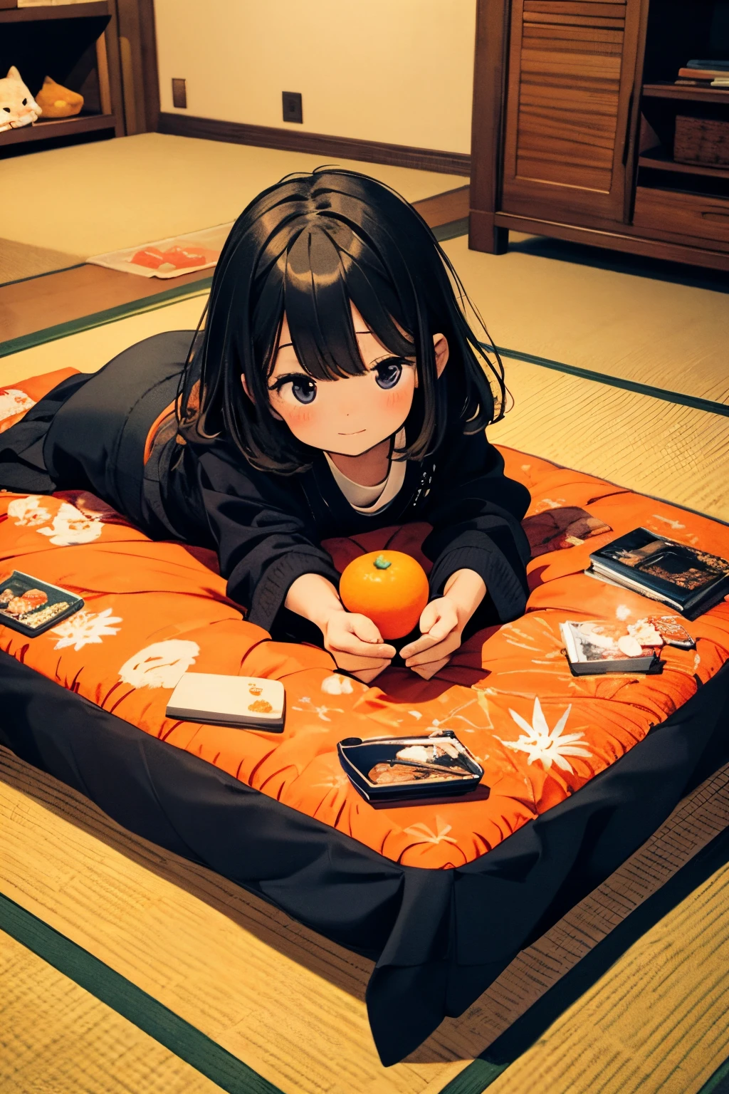 masterpiece,Chibi,Cute、A girl relaxing at a kotatsu、relaxed expression、Mandarin oranges and cat on the kotatsu
