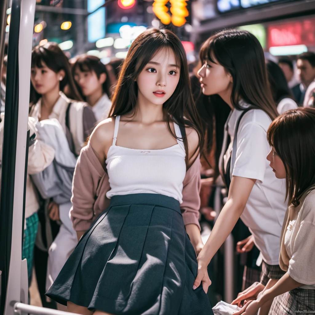 extremely detailed CG unity 8k wallpaper, best quality, ultra-detailed, masterpiece, realistic, photo realistic, extremely detailed cute girl, 20years old, (((skirt lift by myself))), (lifted by self), panties , panties focus, blush, parted lips, looking at viewer , half body shot , (crowd), (crowded traffic light) , forehead