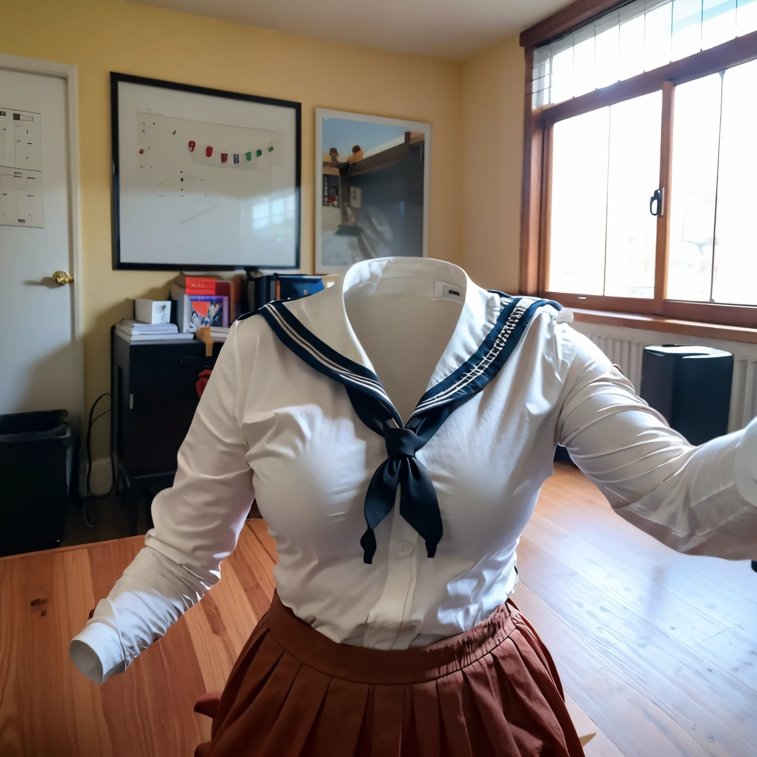 chubby, fat, sailor suit, school uniform, classroom, high school, ((Seductive pose)), (invisible:1.5, no humans:1.5, headless:1.5, faceless:1.5), ((cute huge breasts)), (8k, RAW photo, best quality, masterpiece:1.2), (realistic, photo-realistic:1.37), photon mapping, radiosity, ((Hasselblad photography)), physically-based rendering