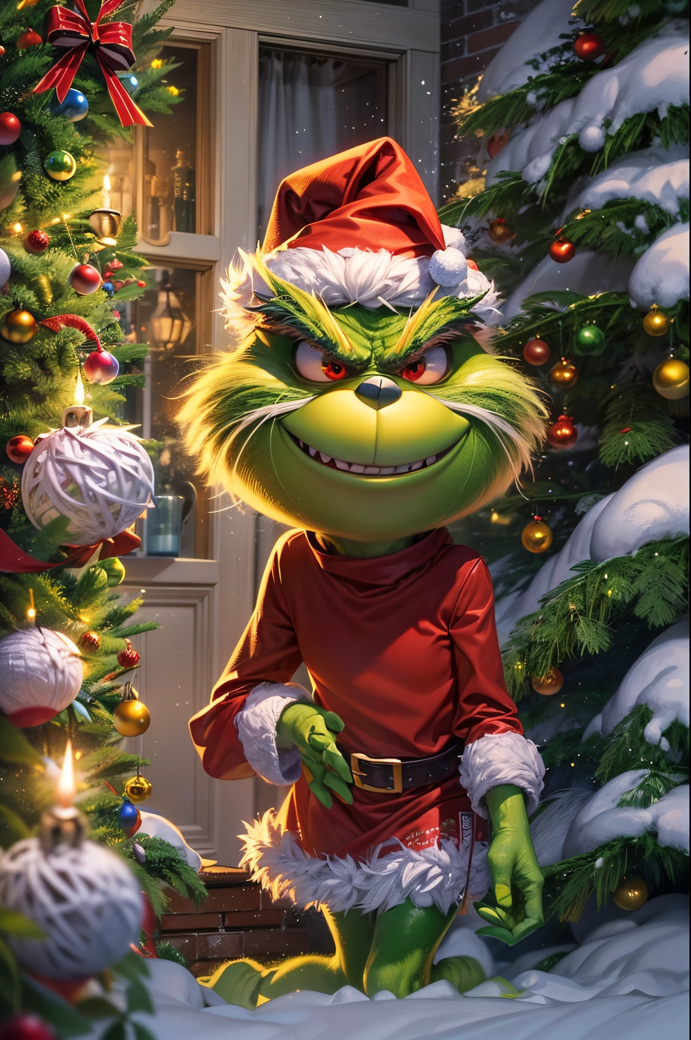 (best quality,4k,8k,highres,masterpiece:1.2),ultra-detailed,(realistic,photorealistic,photo-realistic:1.37),HDR,UHD,studio lighting,ultra-fine painting,sharp focus,physically-based rendering,extreme detail description,professional,vivid colors,bokeh,Grinch dressed like a goblin,Christmas background,funny looking Grinch with mischievous smile,green furry body,pointed long ears, Grinch wearing a Santa hat,holding a sack full of presents,Grinch standing on a snow-covered ground,decorated Christmas tree with colorful ornaments and twinkling lights,Christmas wreath hanging on the door,blinking Christmas lights, falling snowflakes,sparkling snowflakes in the air,radiant warm golden light from the fireplace,reflection of the Grinch's eyes in the decoration ornaments,detailed fluffy beard of the Grinch,grumpy expression on the Grinch's face,playful pose of the Grinch with hands on hips,Naughty and mischievous atmosphere,whimsical and magical ambiance,contrast between the Grinch's green skin and the red Santa hat,expressive and lively background with festive atmosphere,Grinch's sharp and piercing gaze,targeted focus on the Grinch's mischievous gaze,rich and vibrant colors to enhance the Christmas feel,warm and cozy lighting effects to create a joyful and festive mood.