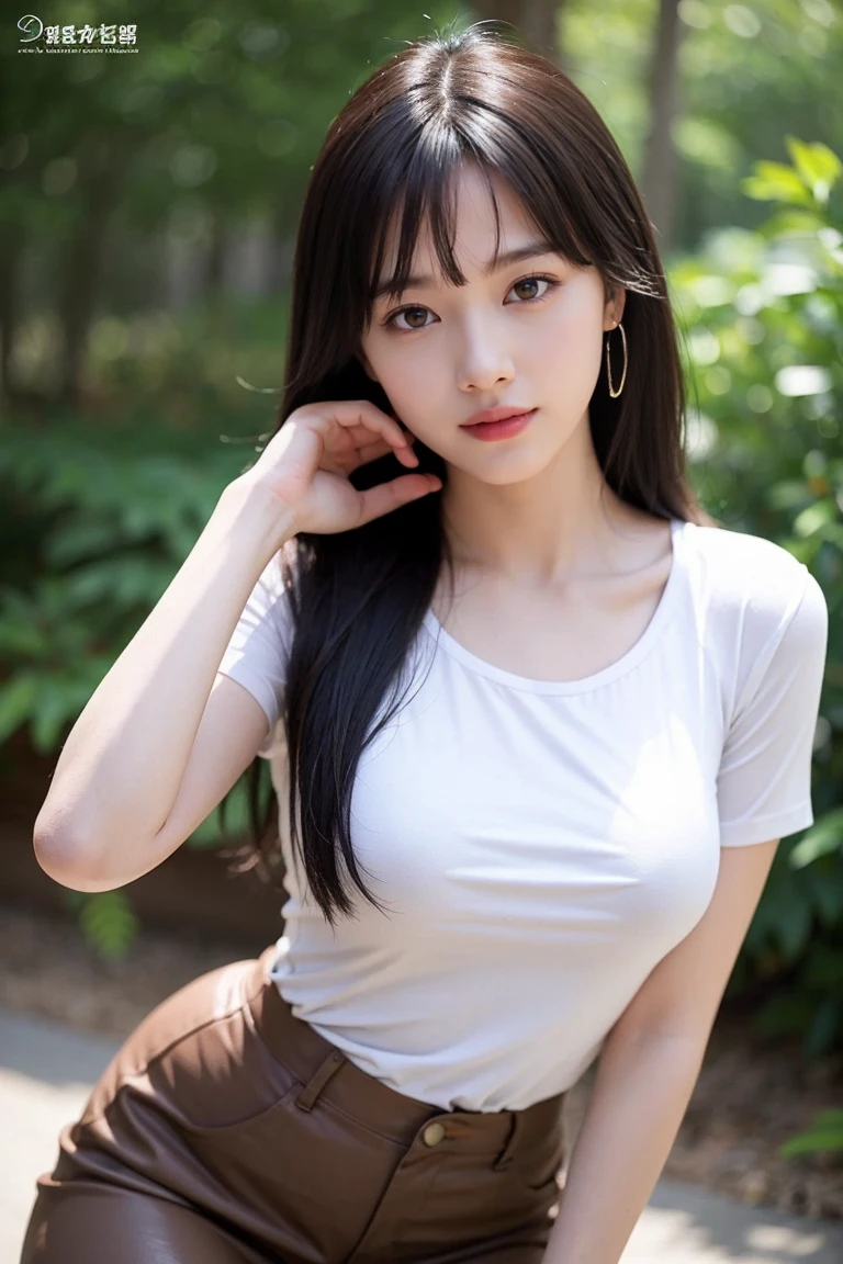 (8k, RAW Photo, Best Quality, Masterpiece:1.2), Ultra Detail, Super Resolution, (Realistic, Realistic Photo:1.37), Portrait, High Detail RAW Color Photo, Professional Photo, Extremely Detailed and Beautiful, Extremely detailed, 8k wallpaper, amazing and detailed, huge file size, official art, highly detailed CG unity 8k wallpaper, highly detailed beautiful girl, highly detailed face, highly detailed eyes, highly detailed skin, highly detailed fingers, highly detailed nose, very detailed detailed mouth , perfect anatomy, highly detailed background, highly detailed clothing, 1girl, (18:1.2), 20s, cute girl, realistic body, petite, fair skin, glowing skin , slim body, handsome body, black hair , rolled up hair, (blunt bangs:1.2), smile, cute, youthful, cute face, realistic face, delicate eyes, drooping eyes, white T-shirt, short skirt, earring, looking at viewer, cowboy shot, facing front, Standing position, contraposto, dynamic lighting, very large breasts,