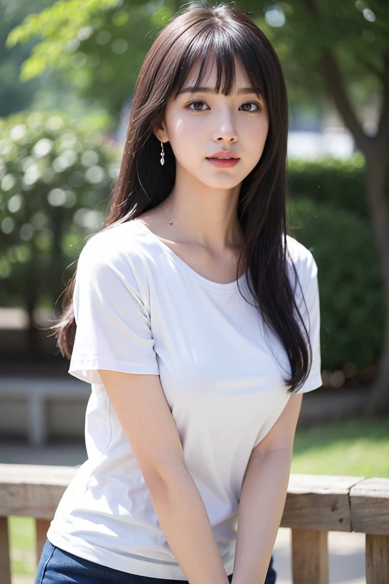 (8k, RAW Photo, Best Quality, Masterpiece:1.2), Ultra Detail, Super Resolution, (Realistic, Realistic Photo:1.37), Portrait, High Detail RAW Color Photo, Professional Photo, Extremely Detailed and Beautiful, Extremely detailed, 8k wallpaper, amazing and detailed, huge file size, official art, highly detailed CG unity 8k wallpaper, highly detailed beautiful girl, highly detailed face, highly detailed eyes, highly detailed skin, highly detailed fingers, highly detailed nose, very detailed detailed mouth , perfect anatomy, highly detailed background, highly detailed clothing, 1girl, (18:1.2), 20s, cute girl, realistic body, petite, fair skin, glowing skin , slim body, handsome body, black hair , rolled up hair, (blunt bangs:1.2), smile, cute, youthful, cute face, realistic face, delicate eyes, drooping eyes, white T-shirt, short skirt, earring, looking at viewer, cowboy shot, facing front, Standing position, contraposto, dynamic lighting, very large breasts,