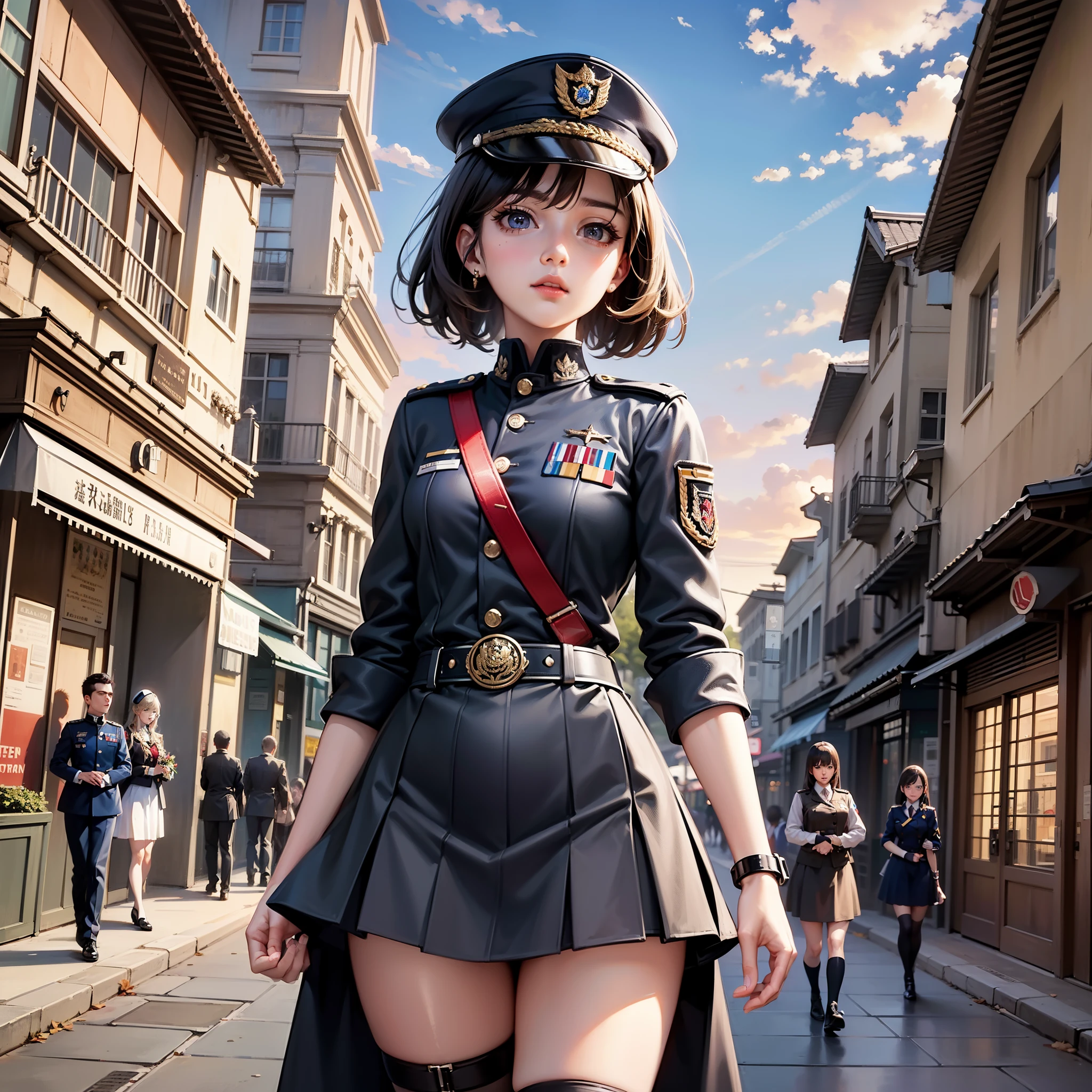 ((Masterpiece)),(超A high resolution),(ultra-detailliert),Anime at its best,A modern city with detailed and detailed details,((Female Military Personnel),(badges,Military uniform with medals),tight skirts)