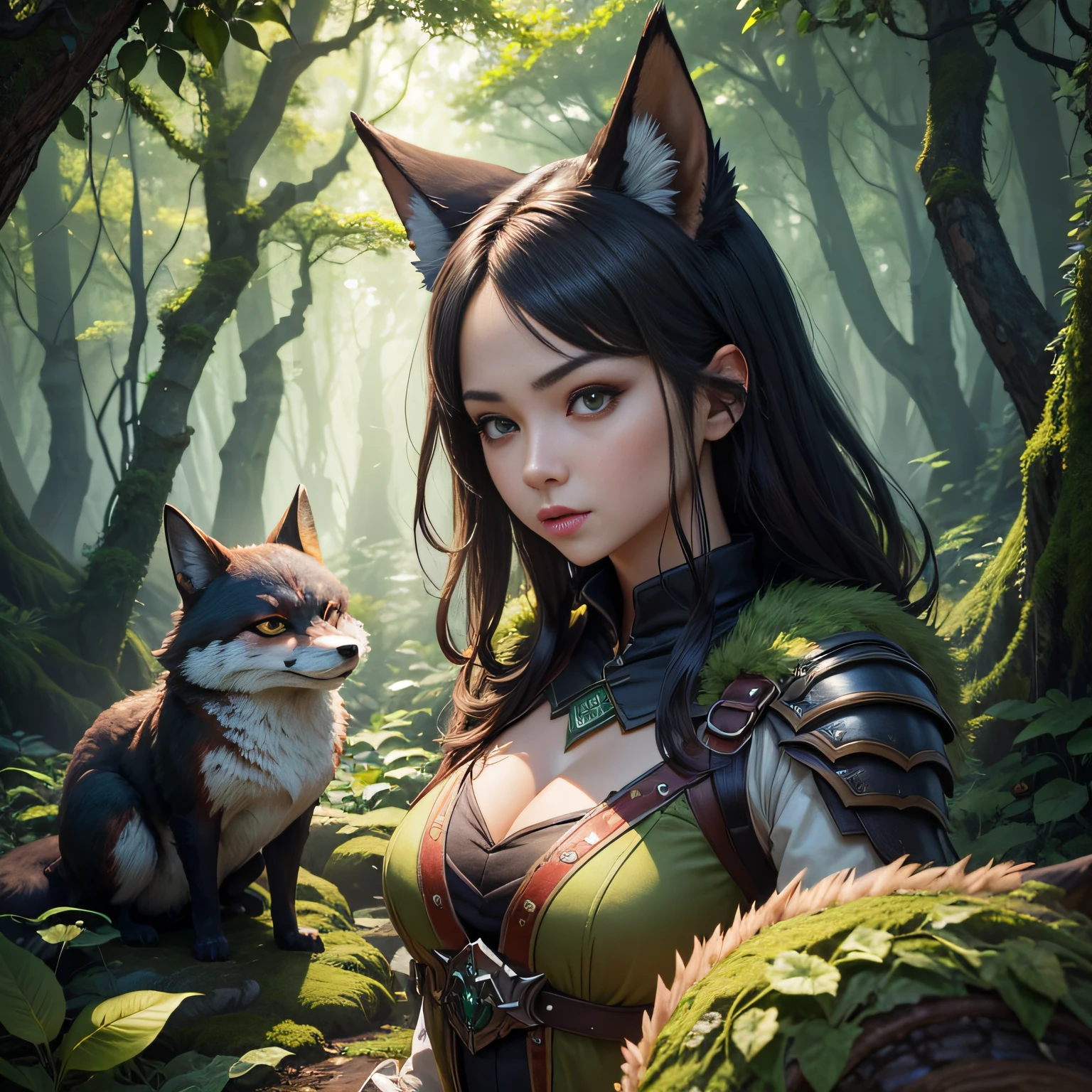 超A high resolution、An ultra-high picture quality、8K、Detailed details、marvelous expression、1 person woman、The fox monster is your buddy、Monster Hunter Character Costumes、Have a big weapon、beautiful green deep forest background、