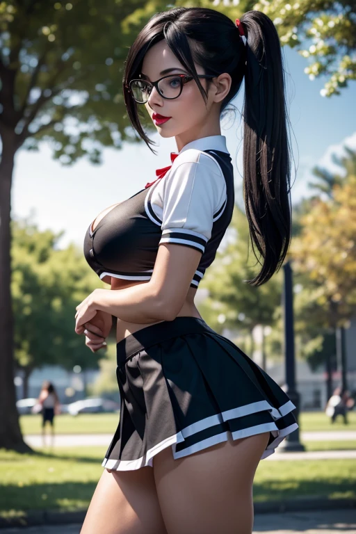 Only one european woman, 30 years old, There's an adult woman in a park, wearing Black Cheerleader uniform, White Skirt , High Socks, Glasses, Dark Hair, Red Lips, Shadow eye, Slutty Makeup, twintails, beautiful chest, Big boobs, Clivage, Second life avatar, Beautiful screenshot, Second life, Front view, seductive woman, high quality, Very detailed skin