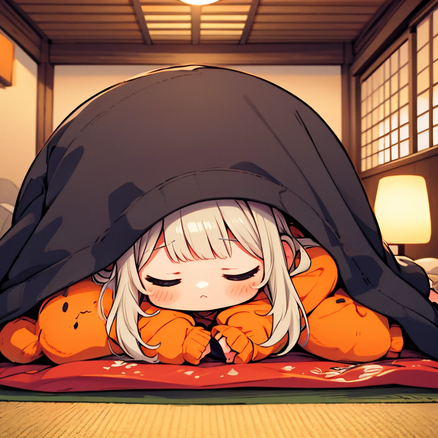 ​masterpiece,Chibi,Cute、A girl relaxing at a kotatsu、relaxed expression、Mandarin oranges and cat on the kotatsu