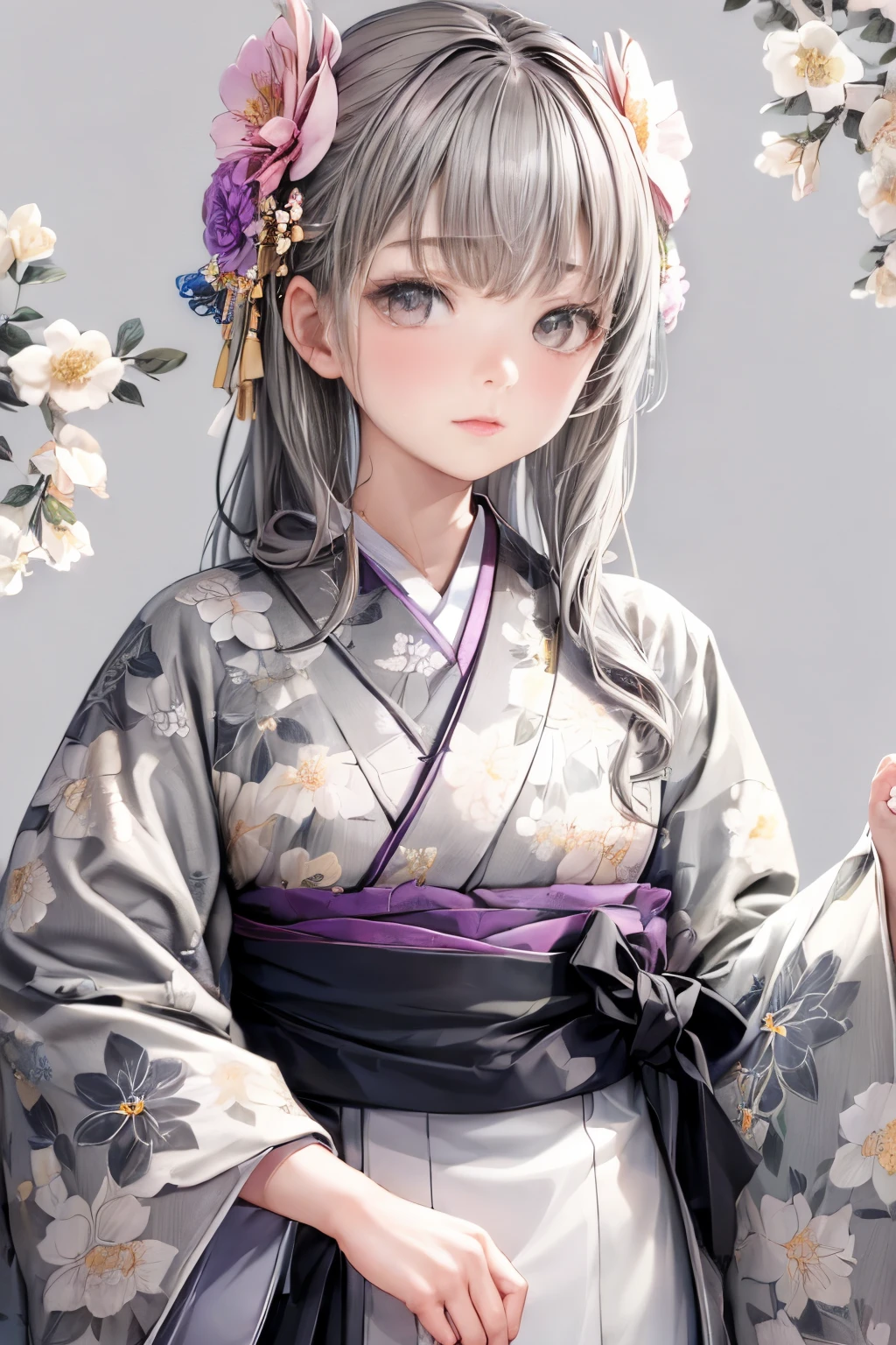(((gray floral background:1.3)))、Best Quality, masutepiece, High resolution, (((1girl in))), sixteen years old,(((Eyes are gray:1.3)))、Gray kimono、((beautiful gray kimono)), Tindall Effect, Realistic, Shadow Studio,Ultramarine Lighting, dual-tone lighting, (High Detail Skins: 1.2)、Pale colored lighting、Dark lighting、 Digital SLR, Photo, High resolution, 4K, 8K, Background blur,Fade out beautifully、gray flower world