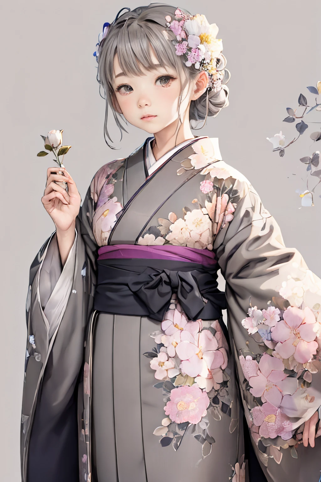 (((gray floral background:1.3)))、Best Quality, masutepiece, High resolution, (((1girl in))), ,(((Eyes are gray:1.3)))、Gray kimono、((beautiful gray kimono)), Tindall Effect, Realistic, Shadow Studio,Ultramarine Lighting, dual-tone lighting, (High Detail Skins: 1.2)、Pale colored lighting、Dark lighting、 Digital SLR, Photo, High resolution, 4K, 8K, Background blur,Fade out beautifully、gray flower world