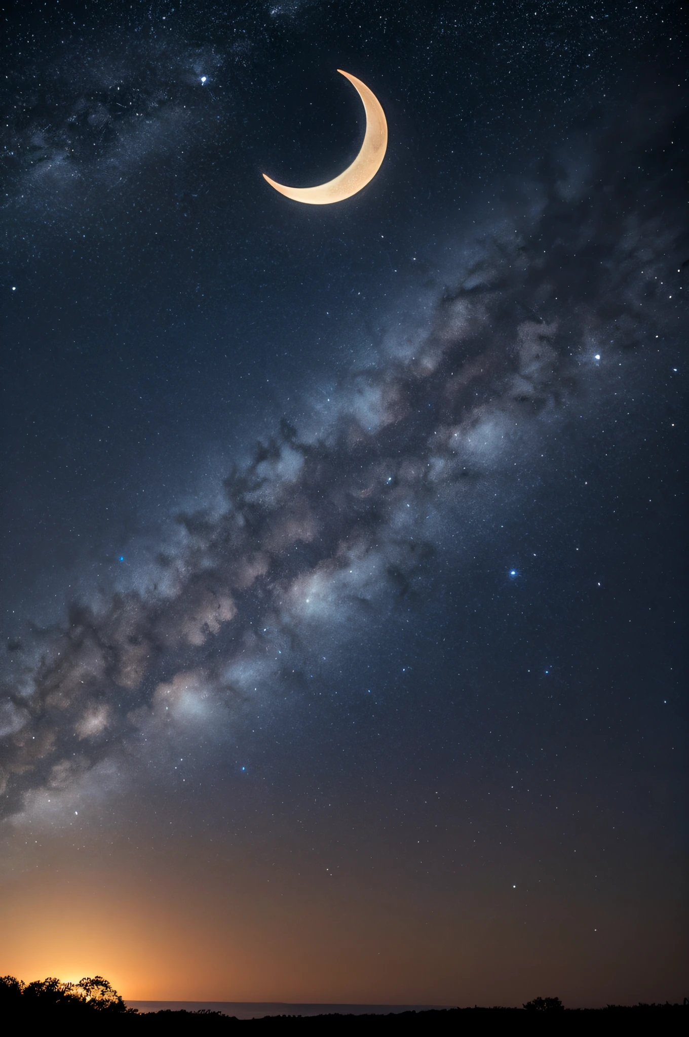 Create an image prompt featuring a realistic crescent moon. The image showcases a serene night sky with a crescent moon shining brightly. The moon is depicted with intricate details, showing its craters and natural textures. The surrounding sky is filled with twinkling stars, creating a breathtaking celestial scene. The image evokes a sense of tranquility and wonder, inviting viewers to gaze at the beauty of the cosmos.