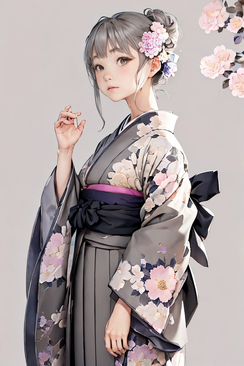 (((gray floral background:1.3)))、Best Quality, masutepiece, High resolution, (((1girl in))), ,(((Eyes are gray:1.3)))、Gray kimono、((beautiful gray kimono)), Tindall Effect, Realistic, Shadow Studio,Ultramarine Lighting, dual-tone lighting, (High Detail Skins: 1.2)、Pale colored lighting、Dark lighting、 Digital SLR, Photo, High resolution, 4K, 8K, Background blur,Fade out beautifully、gray flower world