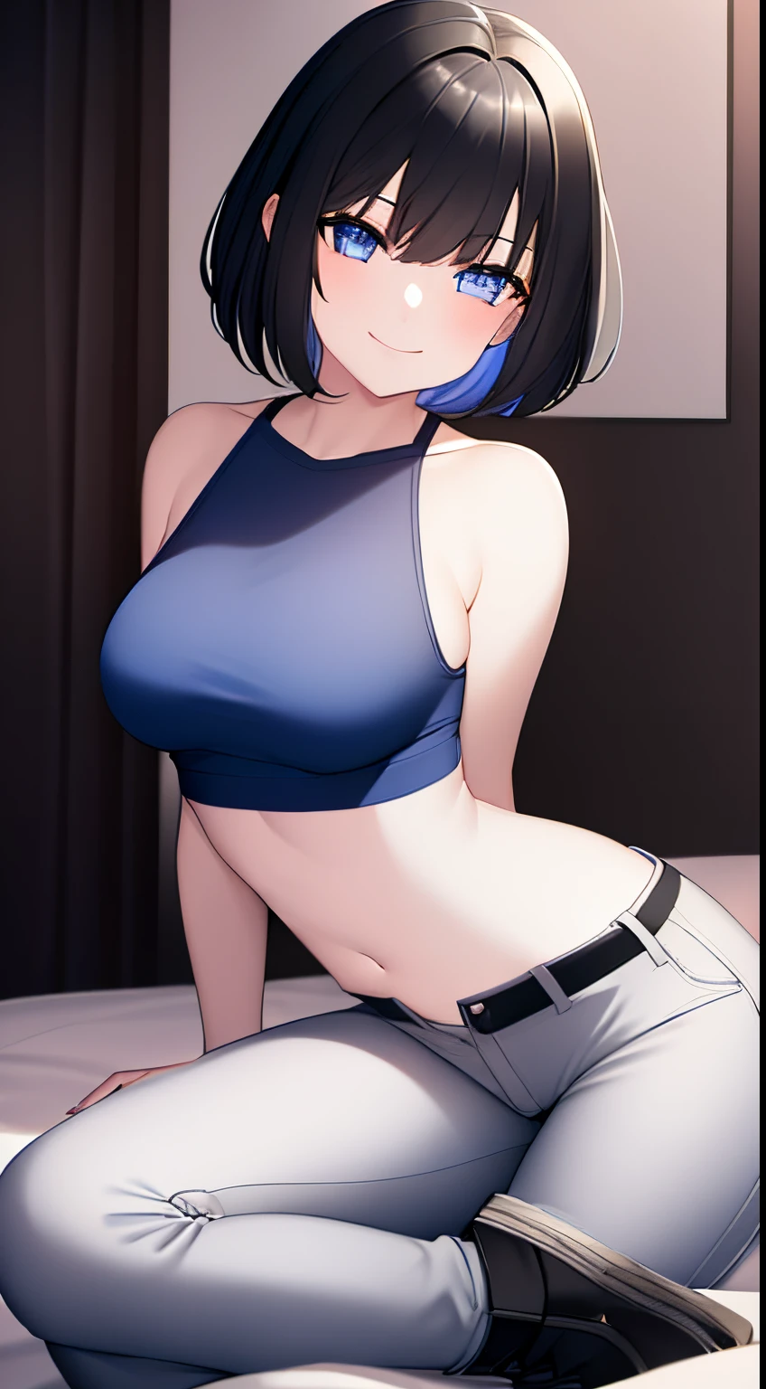 Girl ,white skin , smiling , sitting on bed, short hair,  black hair      light gray eyes, black crop top, 
 Blue  pants, cowboy shot