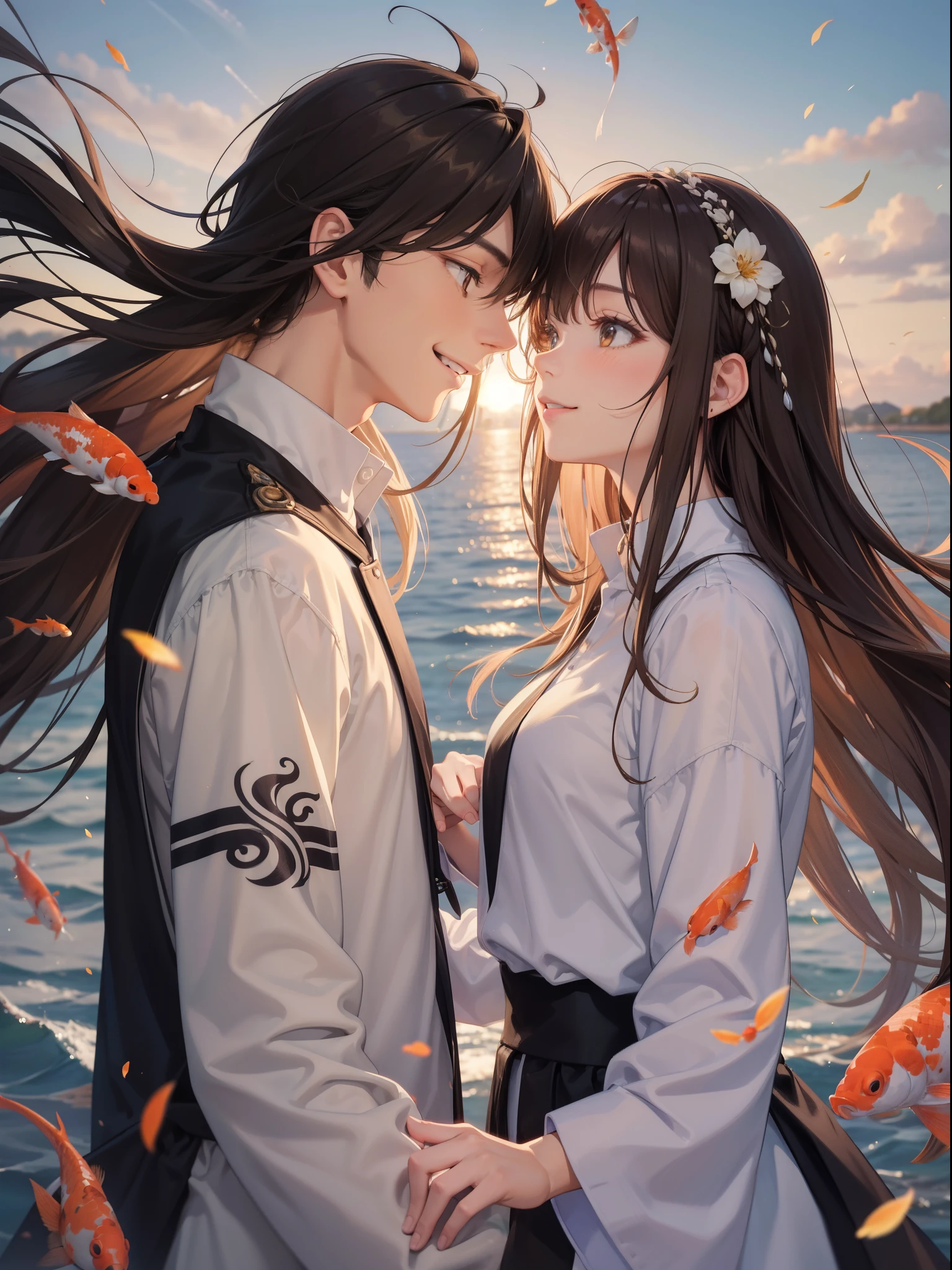 master piece,best quality, Cute, romantic, Best Quality, 2Others, a couple, Height difference, different fashion, different color, dressed casually, Long sleeves, Smile, Happy, koi, Swirling wind, Blue sky, Man with long hair, Man with light brown hair, Black Haired Woman, Women with long hair, morning