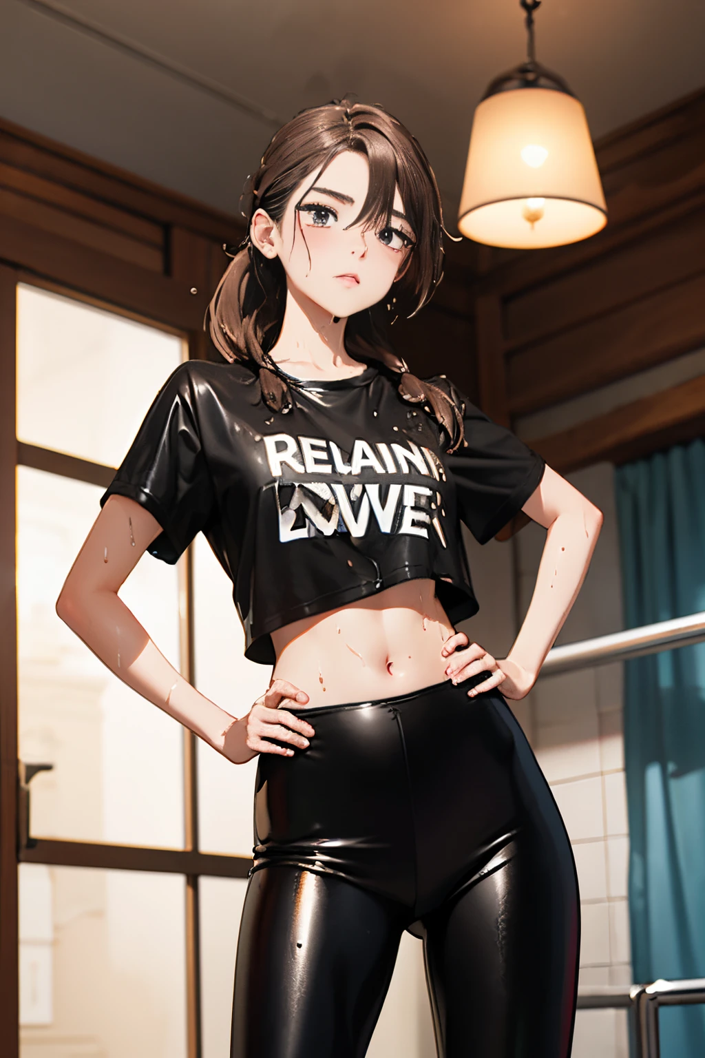 realisticlying、女の子 1 人、Brown hair、Longhaire、((Twin-tailed))、cowboy  shot、radiant eyes、((Wet T-shirt)), pointed Nipple、((leather pant))、Taken from the front, ((Put your hands on your hips))