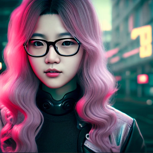 Young Korean woman, age 20, wearing glasses, long pink curly hair, 3d cyberpunk style, pink.