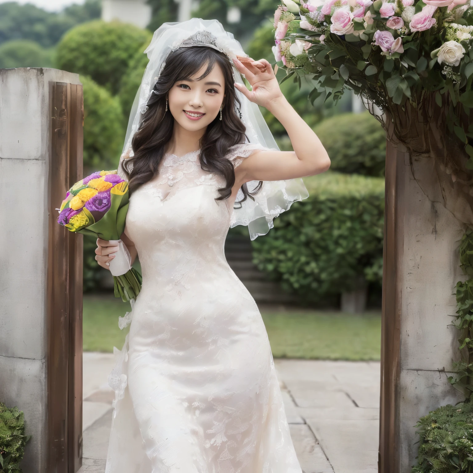 (((Best Quality, masutepiece, 超A high resolution、The most complex and detailed depictions、awardwinning, 8K、发光、vivid、Bright and vivid)))、((1人の女性,1 female)),((((the finest giant wedding dresses、perfect bride、wedding lace、bouquet、Tastefully put together hair)))),(((Stand at the entrance of the school building,The background is the school building,stand near the school,matriculation,School Background,Wave to me,Perfect makeup, Looking at the camera,The most beautiful faces in Japan,adultlike face,Big smile,The happiest smile,Faces close,Staring at this、Slimed、Breasts are big、View here,Perfect fingers,face perfect,细致背景,Fair skin,Crystal clear white skin,Perfect fingers,细致背景,top-quality,The ultra -The high-definition,Perfect Anatomy