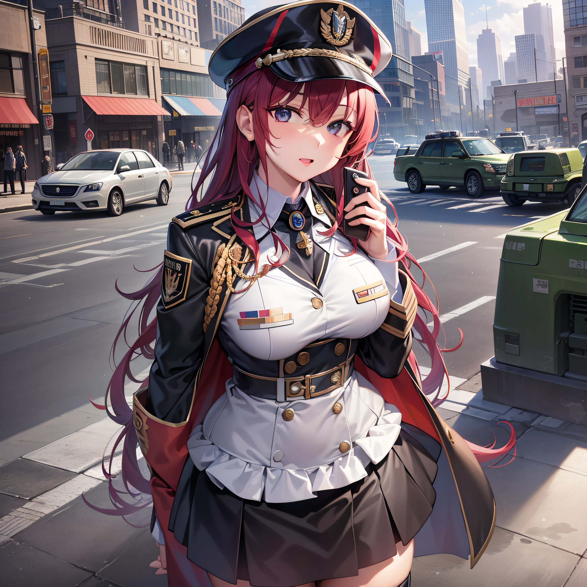 ((Masterpiece)),(超A high resolution),(ultra-detailliert),Anime at its best,A modern city with detailed and detailed details,((Female Military Personnel),(badges,Military uniform with medals),tight skirts)