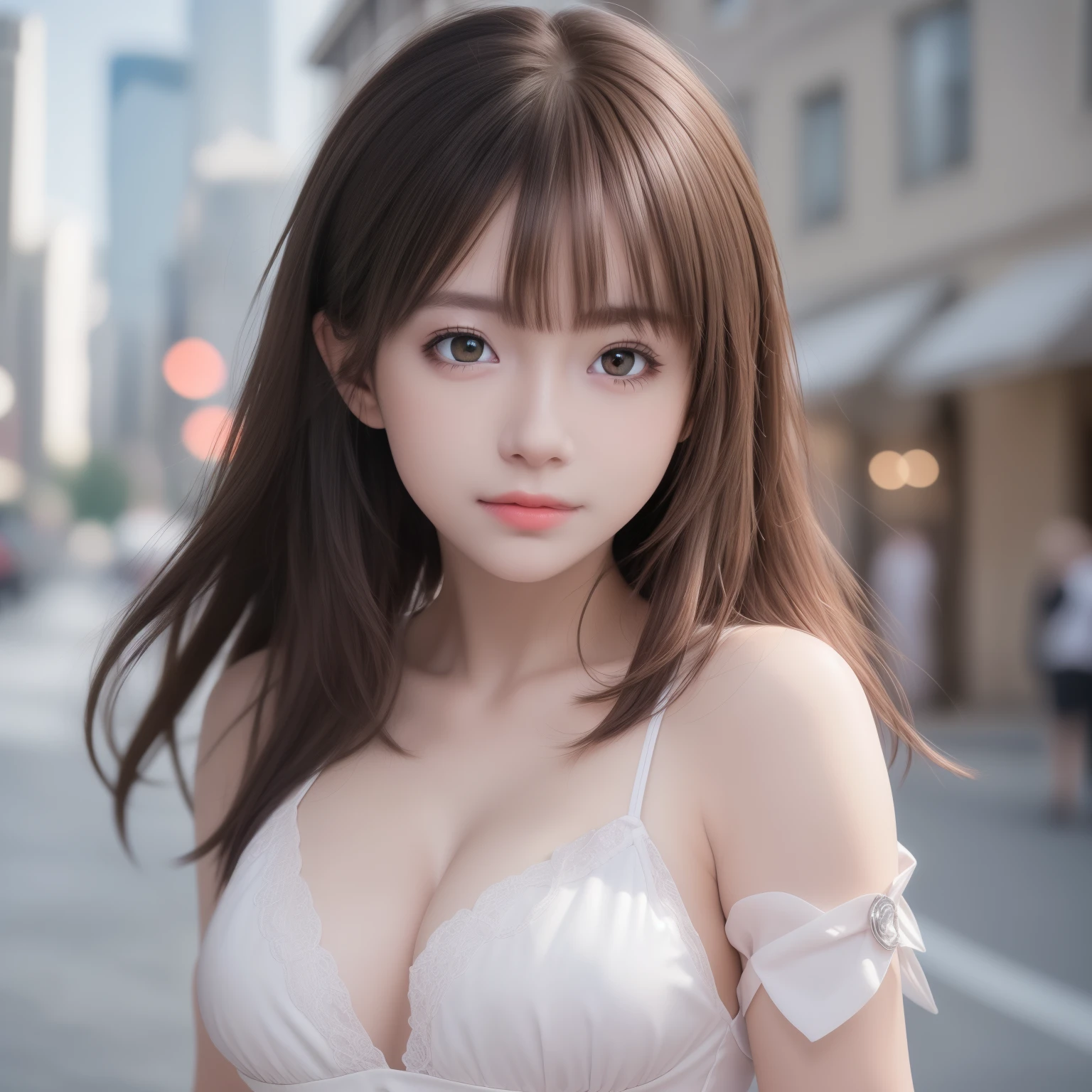 (8k raw photos, highest quality, masterpiece, 8k-UHD), (realistic, photorealistic: 1.37), (anatomically accurate and realistic skin), ultra high resolution, depth of field, film lighting, film grain, very cute 16 year old girl, tips, red eyes, long eyelash, bags under the eyes, cute face, very detailed eyes and hair, skin with beautiful details, happy smile, brown hair, thick bangs, shiny hair, curly, urban, cityscape,