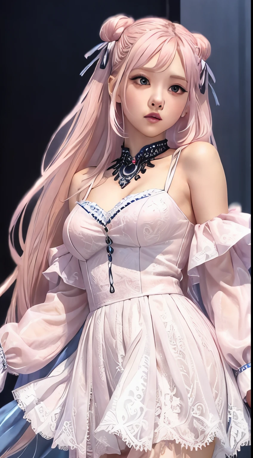 Realistic style, woman, oriental, 25 years old, long white hair with pink highlights, blue eyes, silver dress with pink and black details, singing on a stage