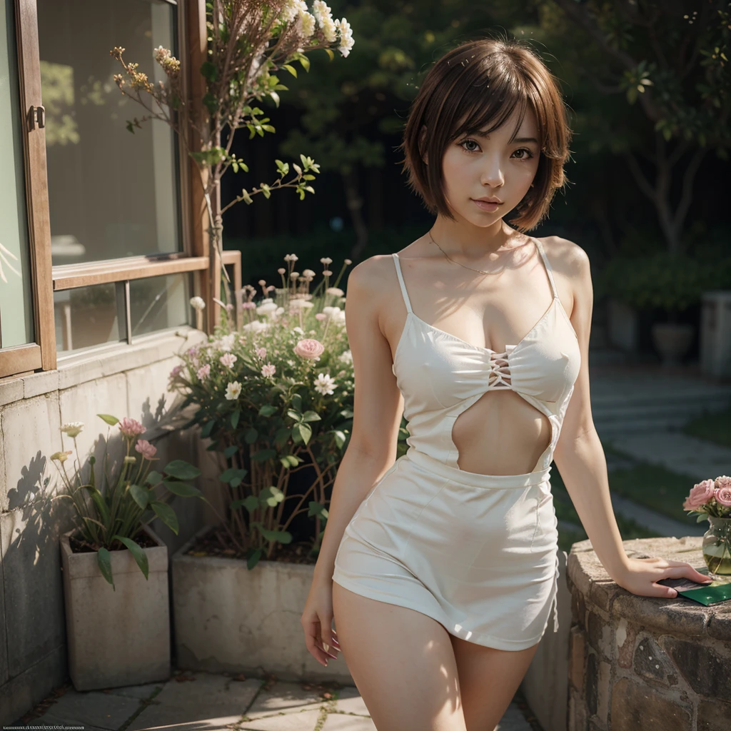 An anime girl with short blonde hair and dark green with a graceful figure, beautiful anime portrait, anime style 8K, beautiful anime girl, anime art wallpaper 8 K, beautiful anime artwork, flowers around her, super delicate, in line with common sense, wearing seductive clothing
