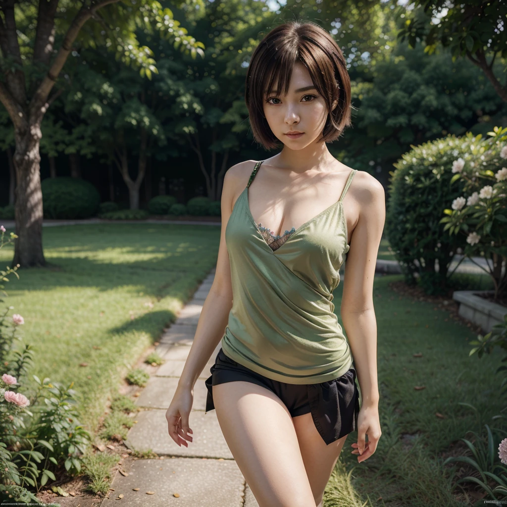 An anime girl with short blonde hair and dark green with a graceful figure, beautiful anime portrait, anime style 8K, beautiful anime girl, anime art wallpaper 8 K, beautiful anime artwork, flowers around her, super delicate, in line with common sense, wearing seductive clothing