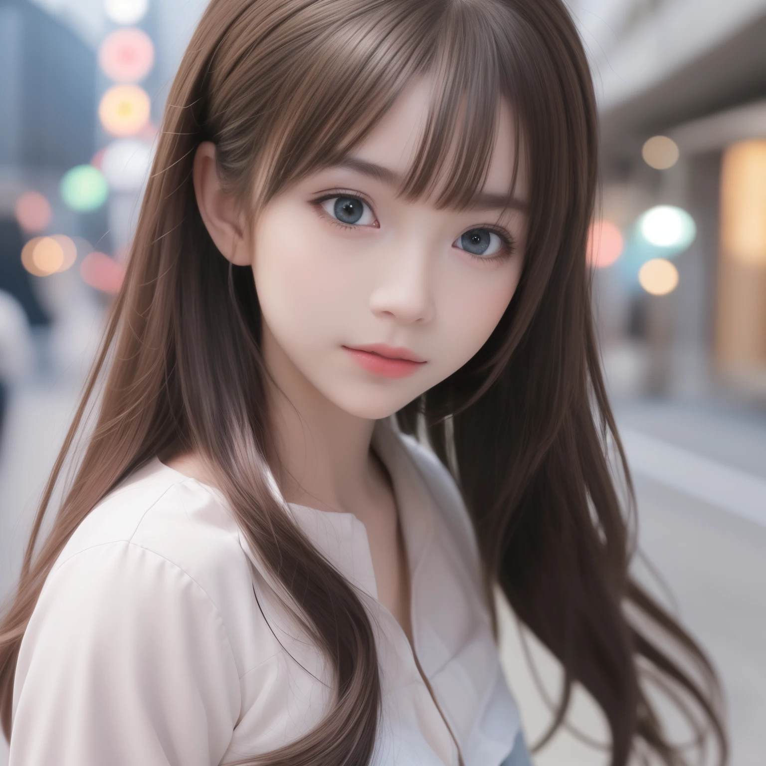 (8k raw photos, highest quality, masterpiece, 8k-UHD), (realistic, photorealistic: 1.37), (anatomically accurate and realistic skin), ultra high resolution, depth of field, film lighting, film grain, very cute 16 year old girl, tips, red eyes, long eyelash, bags under the eyes, cute face, very detailed eyes and hair, skin with beautiful details, happy smile, brown hair, thick bangs, shiny hair, curly, urban, cityscape,