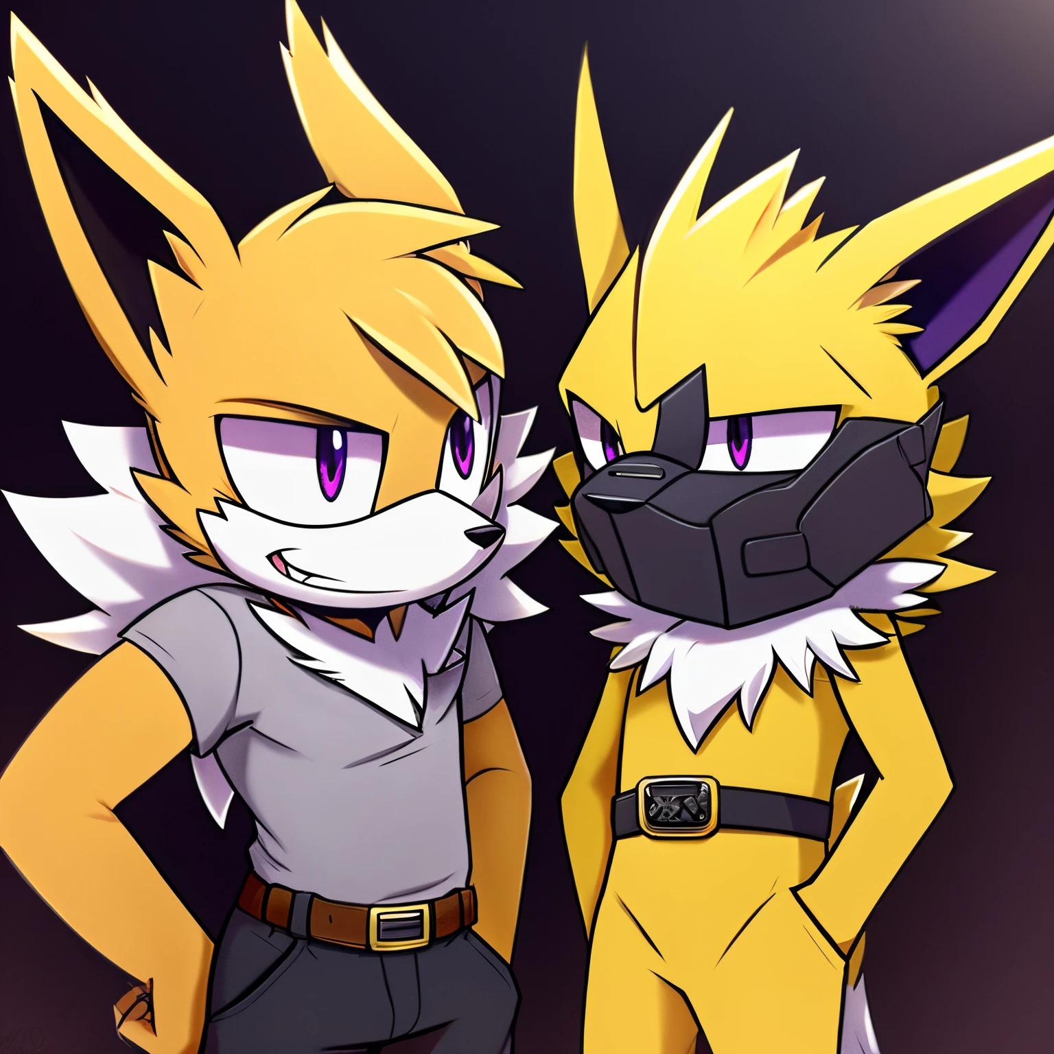 Male, mobian, Jolteon, mane of fur, dark purple eyes, furry, confident expression, grey shirt, brown tactical belt, black pants, fuzzy muzzle, light yellow muzzle, fuzzy light yellow fur