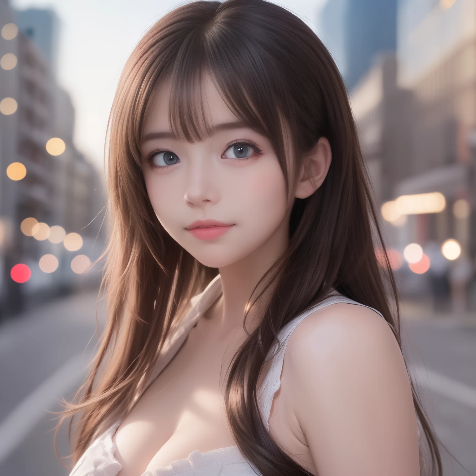 (8k raw photos, highest quality, masterpiece, 8k-UHD), (realistic, photorealistic: 1.37), (anatomically accurate and realistic skin), ultra high resolution, depth of field, film lighting, film grain, very cute  girl, tips, red eyes, long eyelash, bags under the eyes, cute face, very detailed eyes and hair, skin with beautiful details, happy smile, brown hair, thick bangs, shiny hair, curly, urban, cityscape,