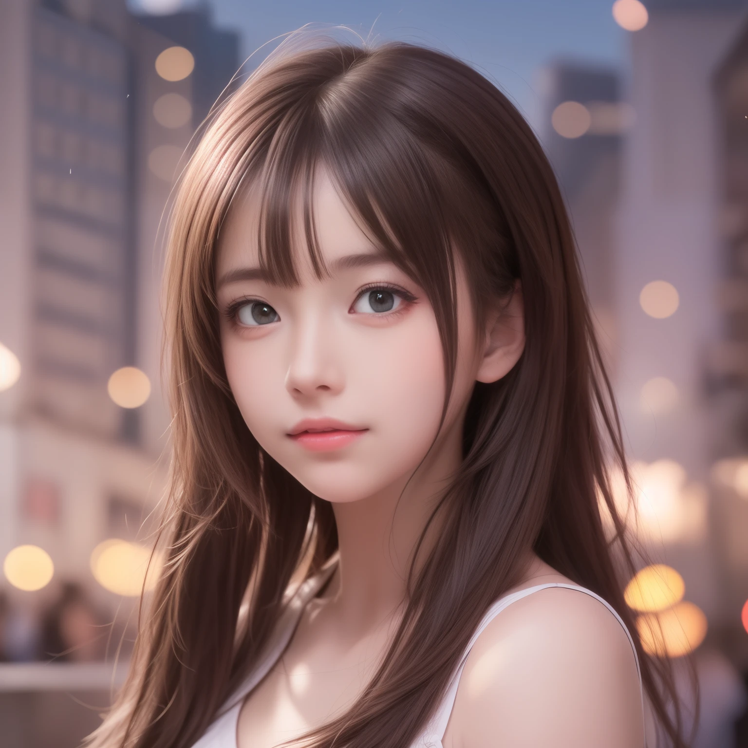 (8k raw photos, highest quality, masterpiece, 8k-UHD), (realistic, photorealistic: 1.37), (anatomically accurate and realistic skin), ultra high resolution, depth of field, film lighting, film grain, very cute  girl, tips, red eyes, long eyelash, bags under the eyes, cute face, very detailed eyes and hair, skin with beautiful details, happy smile, brown hair, thick bangs, shiny hair, curly, urban, cityscape,