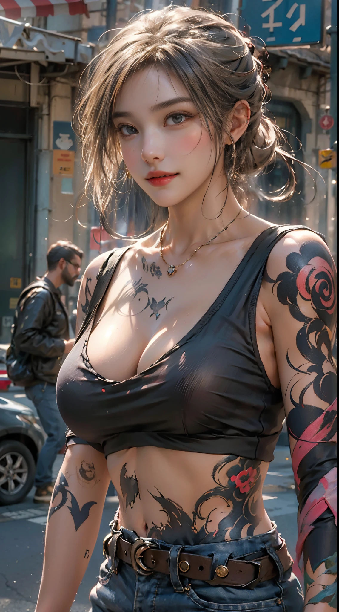 Photorealistic, High resolution, Soft light,1womanl, Solo, hips up high, (Detailed face),The tattoo, Jewelry, street wear, Beautiful Soldier, An eye that invites the viewer, Lover's perspective, inviting expression, Sexy smile, Perfect Style, Perfect balance, Detailed skin, Naughty gaze, Chest visible