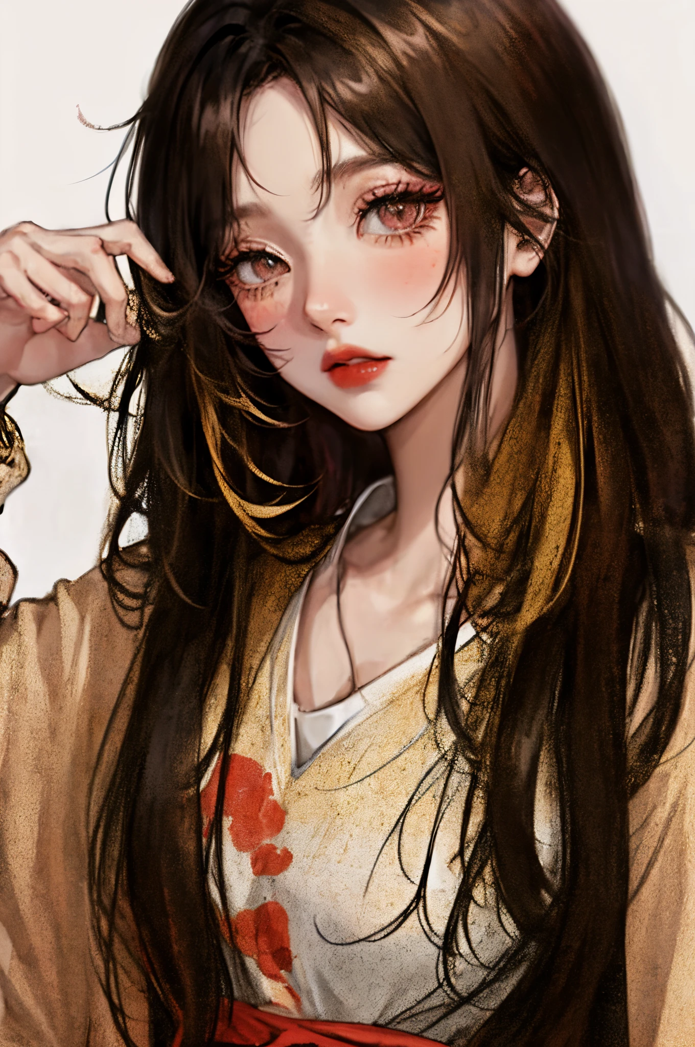 Anime style、illustratio、Watching from a distance、A dark-haired、watercolor paiting、One-Hong Makeup、Chaiborg、simple background、1 girl in、a blond、Looking at the camera、facing front、beautiful countenance、de pele branca、Glossy skin、long and bunched lashes,、Eyeliner 1.6、Red Lip、Thick lip、Blush under the eyes、the head of the nose is red、long-sleeve